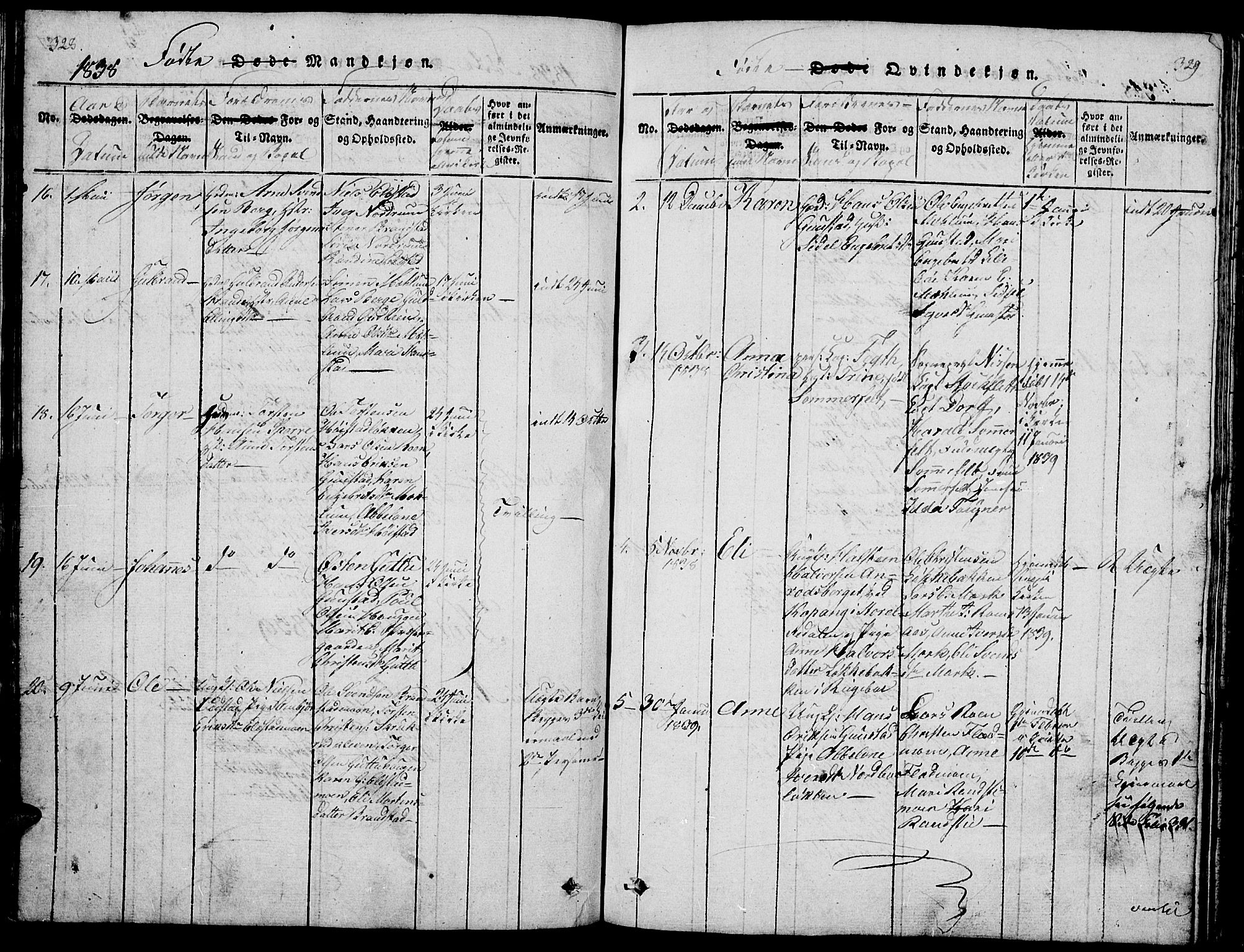 Ringebu prestekontor, SAH/PREST-082/H/Ha/Hab/L0001: Parish register (copy) no. 1, 1821-1839, p. 328-329