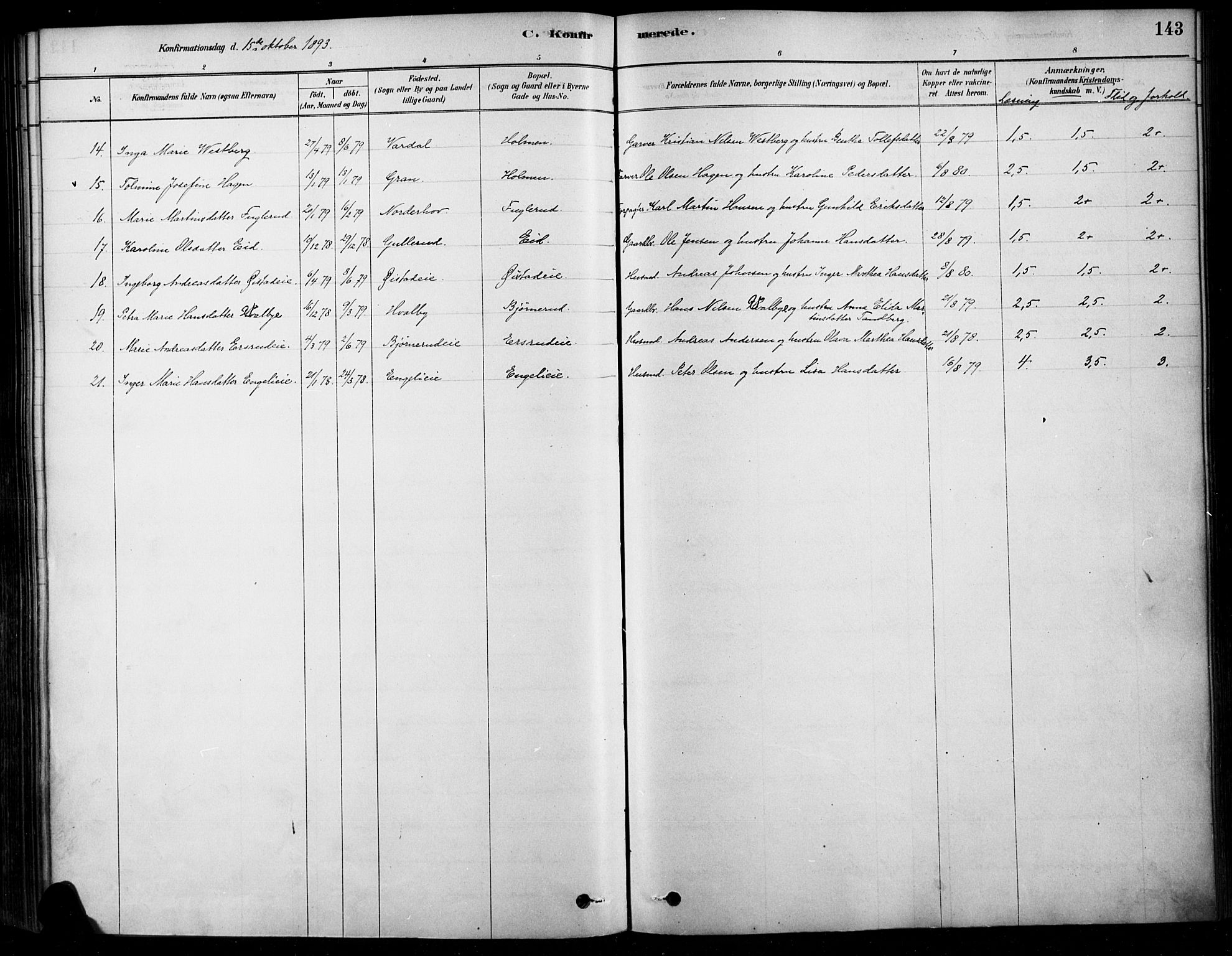 Søndre Land prestekontor, SAH/PREST-122/K/L0003: Parish register (official) no. 3, 1878-1894, p. 143