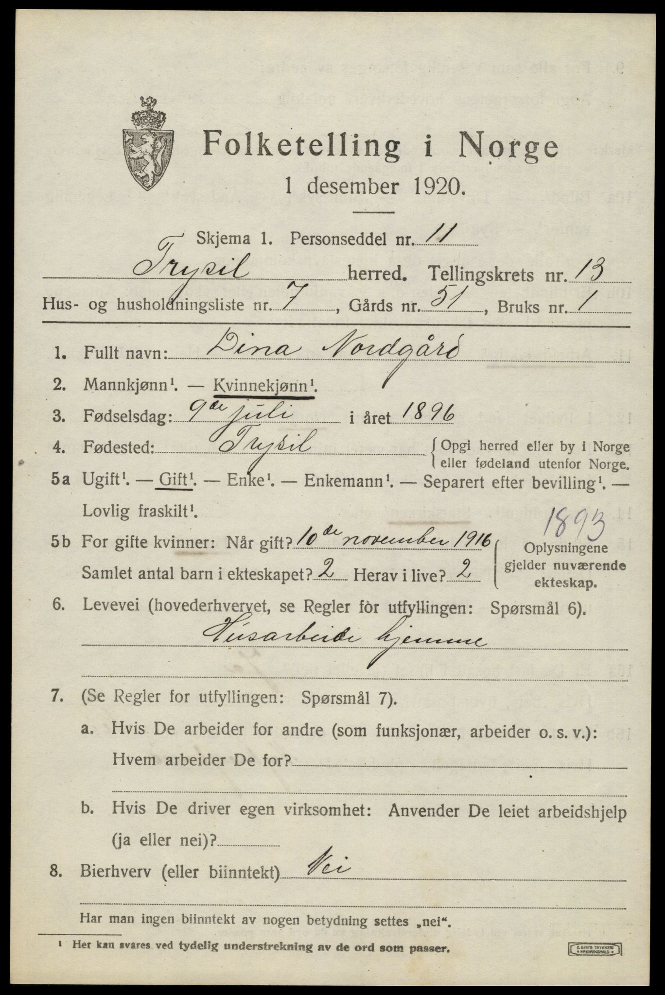 SAH, 1920 census for Trysil, 1920, p. 7713