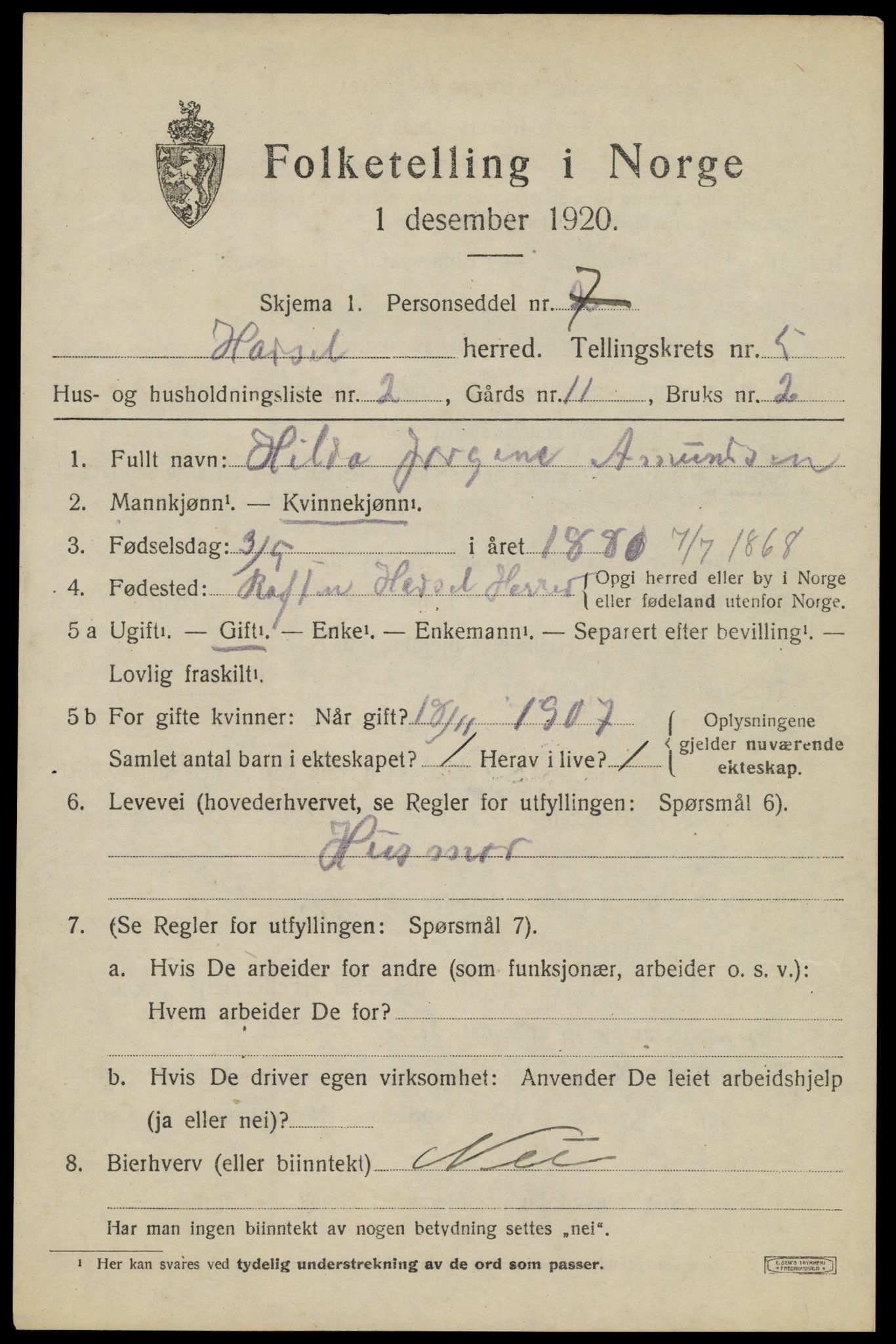 SAT, 1920 census for Hadsel, 1920, p. 5966