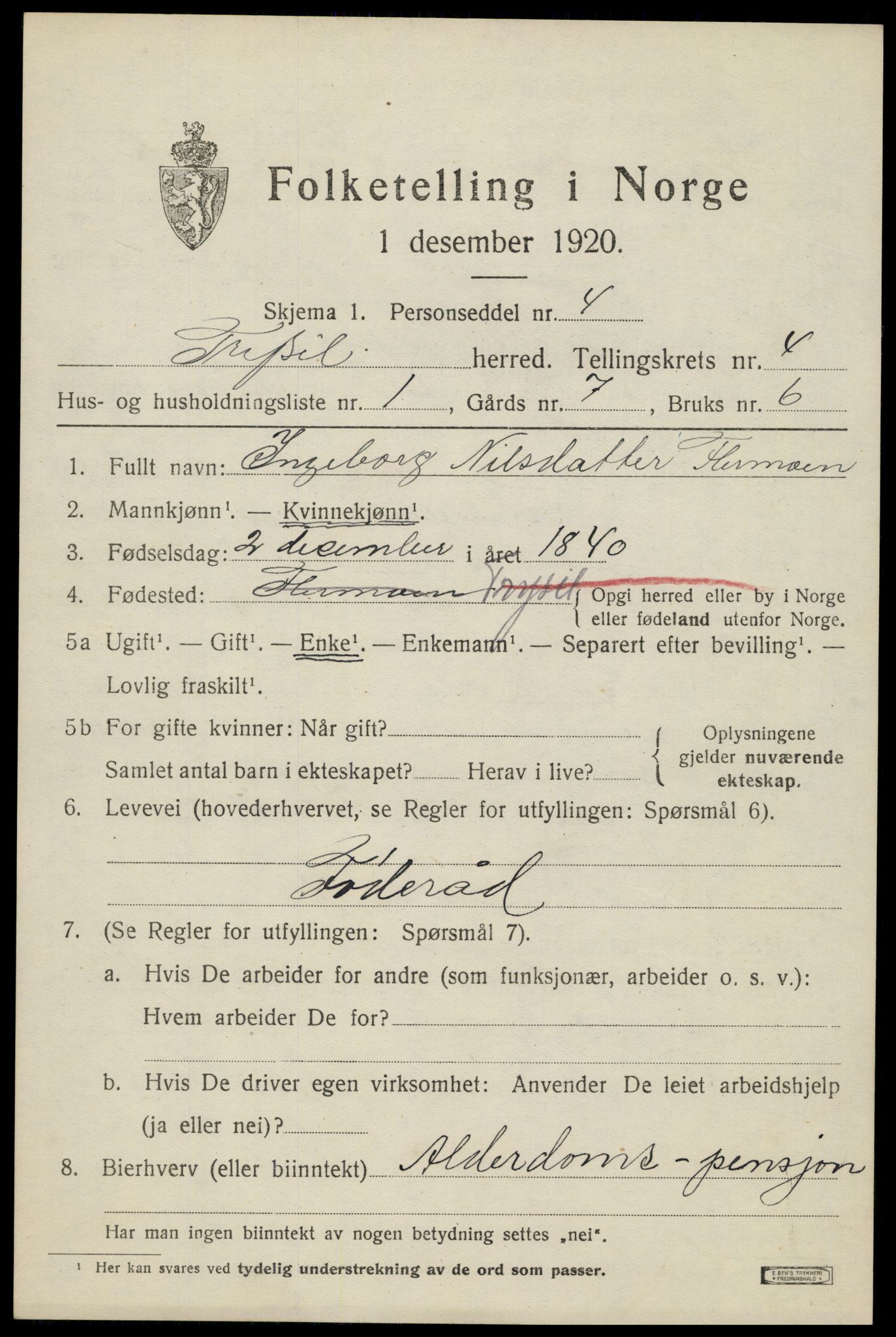 SAH, 1920 census for Trysil, 1920, p. 4087