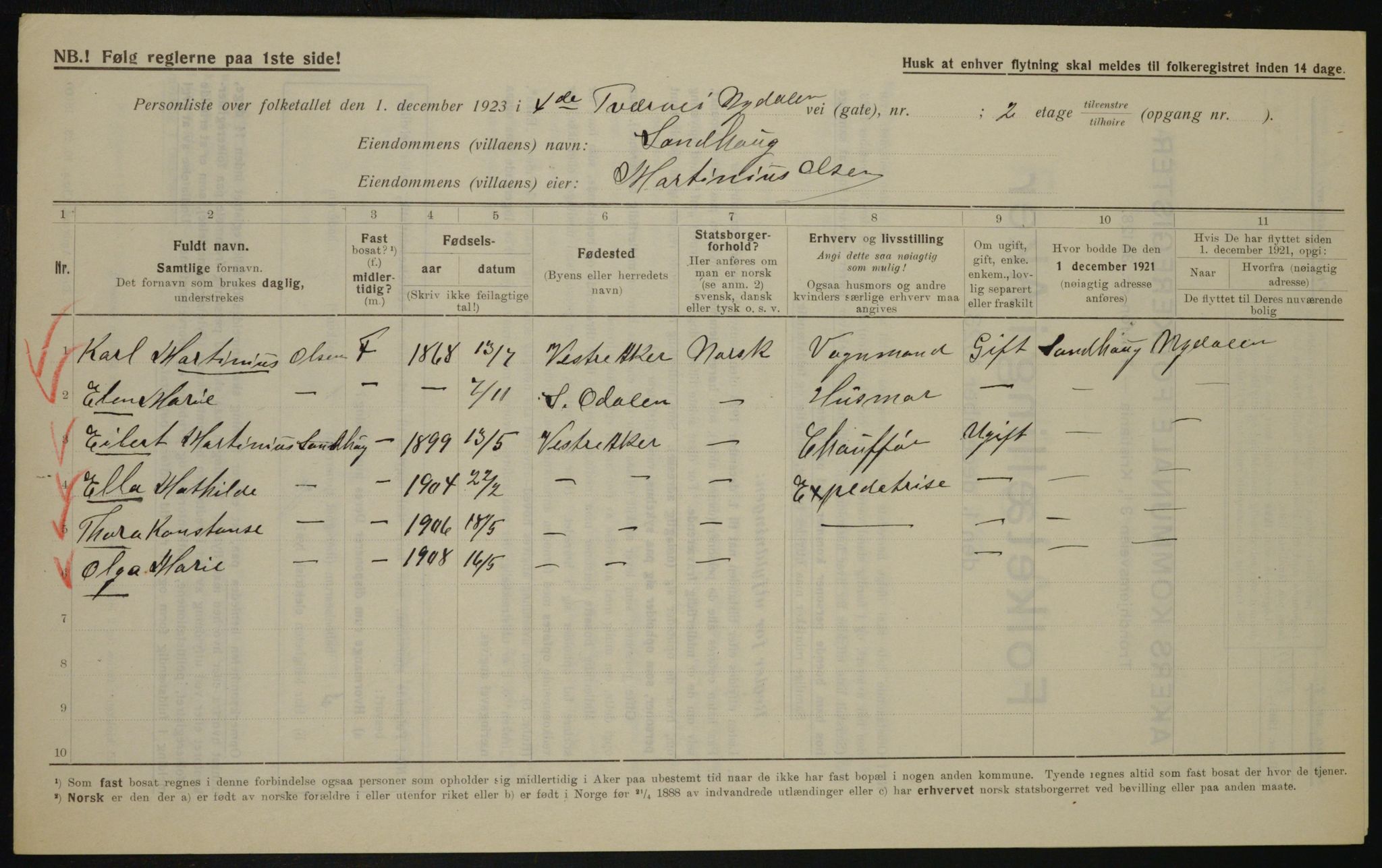 , Municipal Census 1923 for Aker, 1923, p. 20141