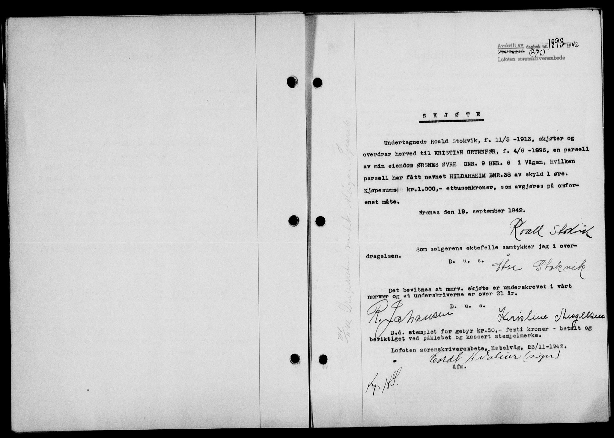 Lofoten sorenskriveri, SAT/A-0017/1/2/2C/L0010a: Mortgage book no. 10a, 1942-1943, Diary no: : 1893/1942