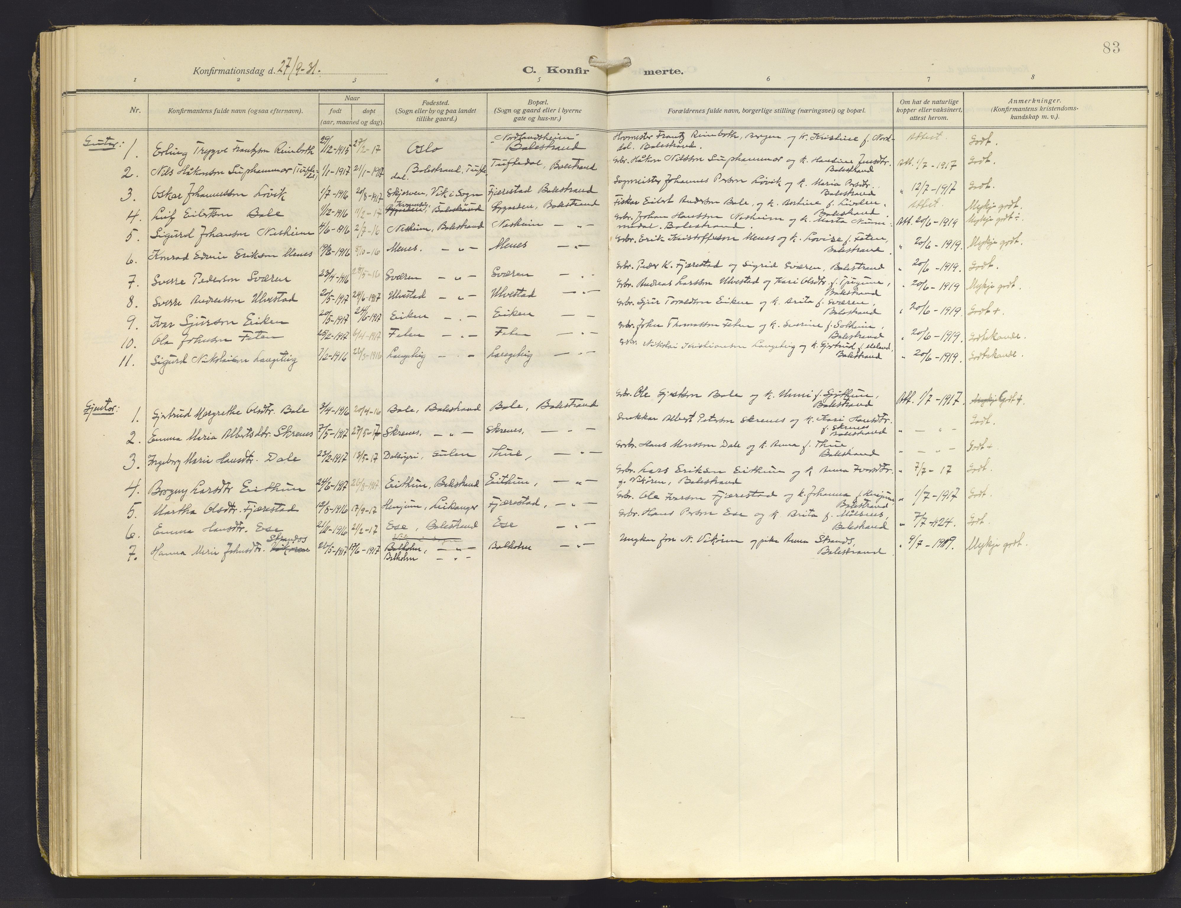 Balestrand sokneprestembete, AV/SAB-A-79601/H/Haa/Haab/L0002: Parish register (official) no. B 2, 1911-1932, p. 83