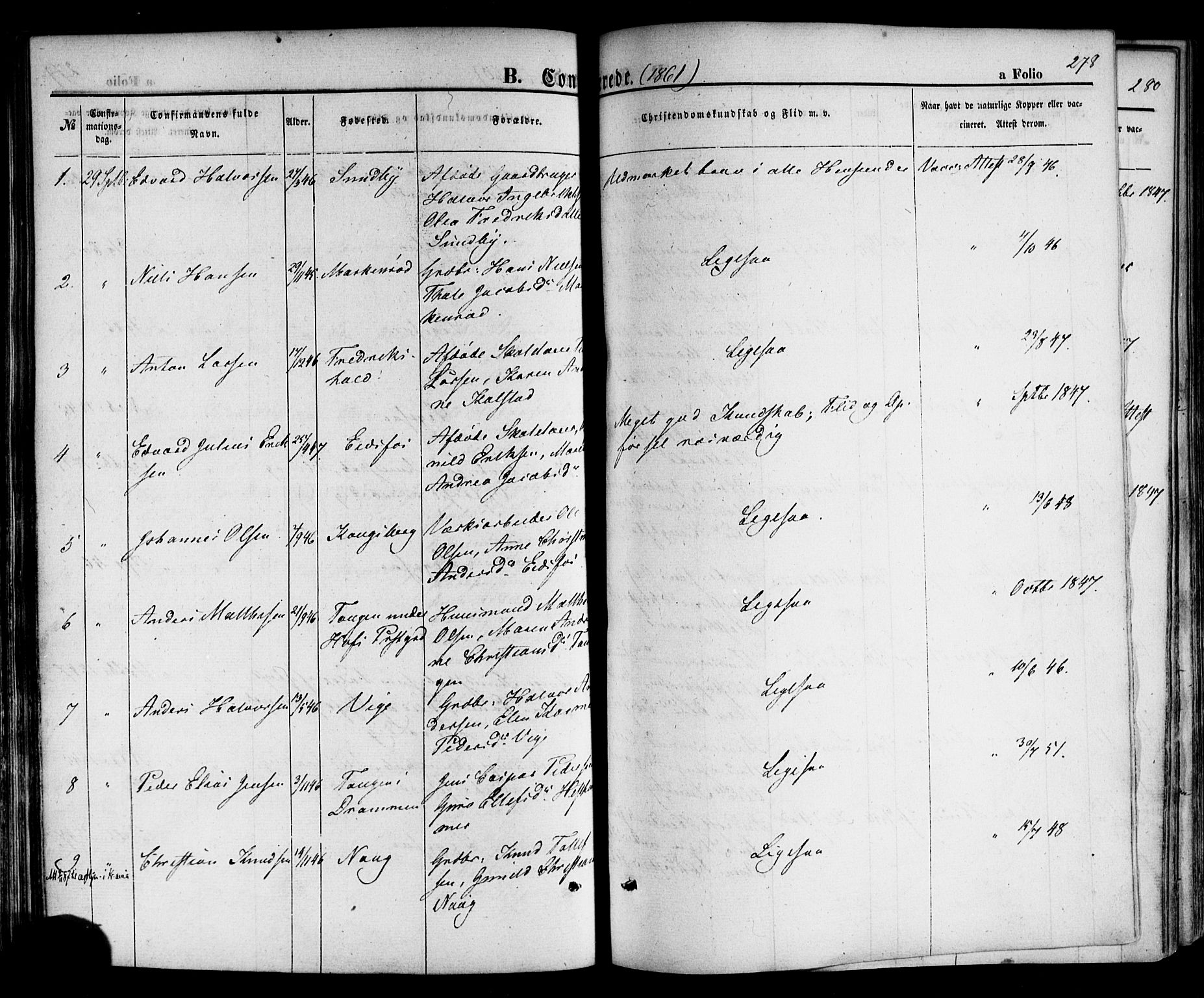 Hof kirkebøker, AV/SAKO-A-64/F/Fa/L0006: Parish register (official) no. I 6, 1851-1877, p. 278