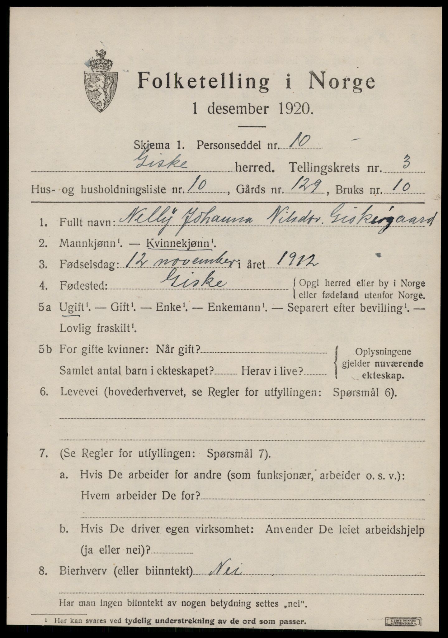 SAT, 1920 census for Giske, 1920, p. 1832