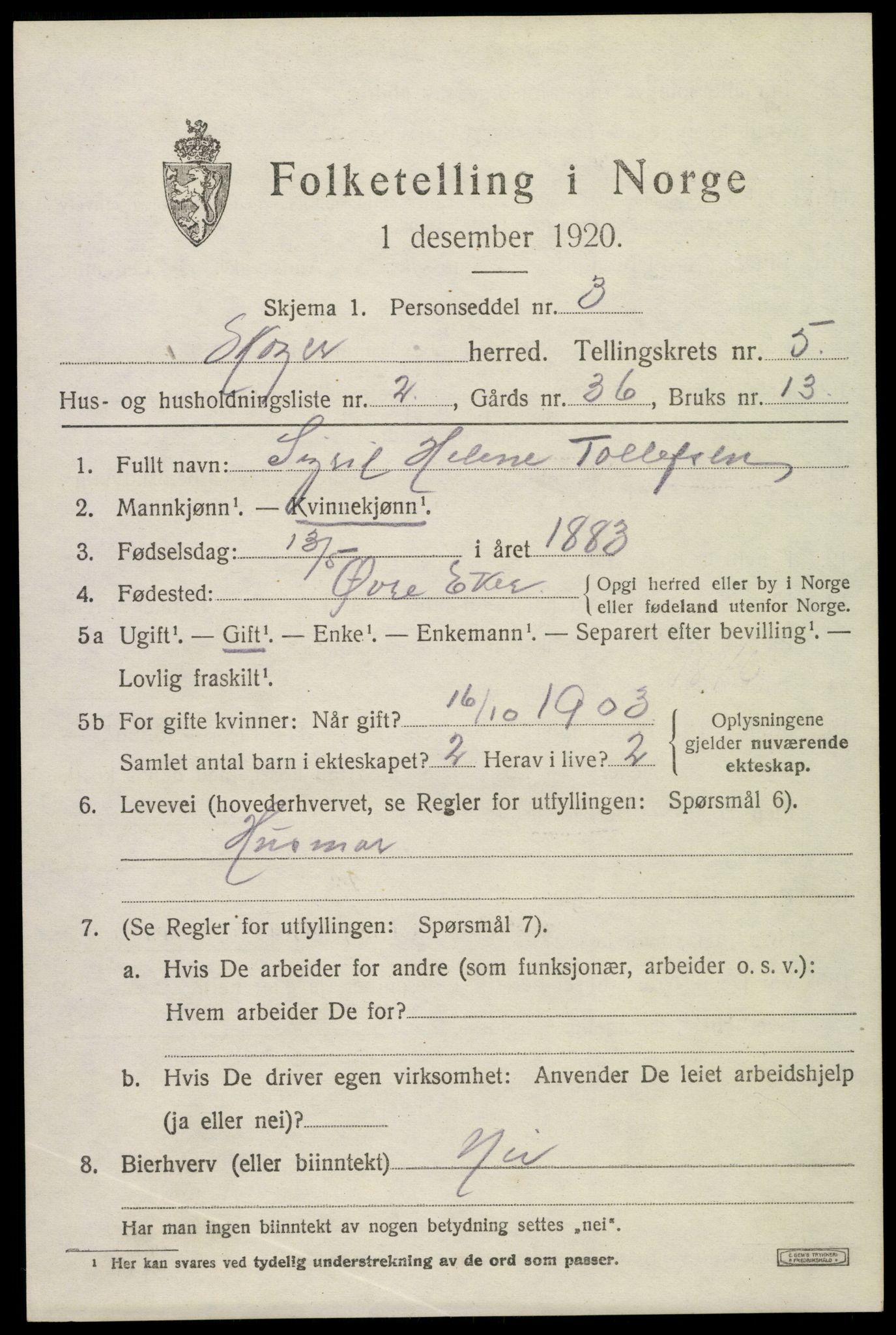 SAKO, 1920 census for Skoger, 1920, p. 10897