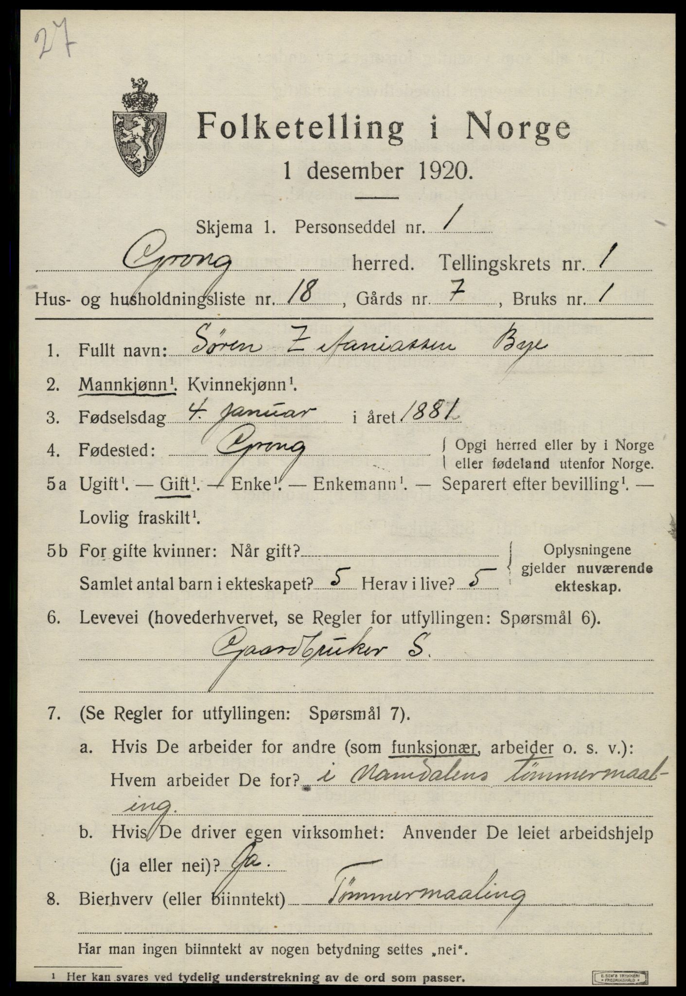 SAT, 1920 census for Grong, 1920, p. 1247