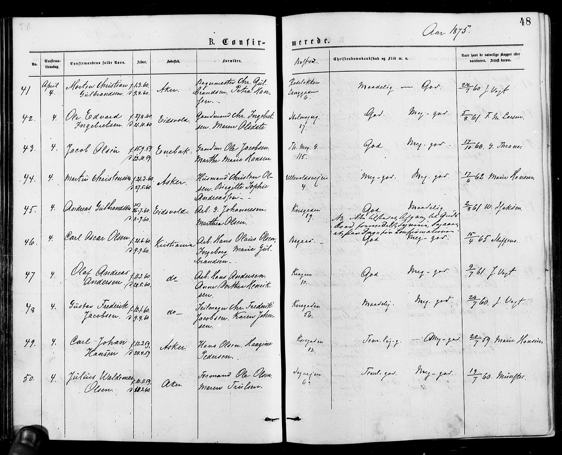 Gamle Aker prestekontor Kirkebøker, AV/SAO-A-10617a/F/L0005: Parish register (official) no. 5, 1873-1881, p. 48