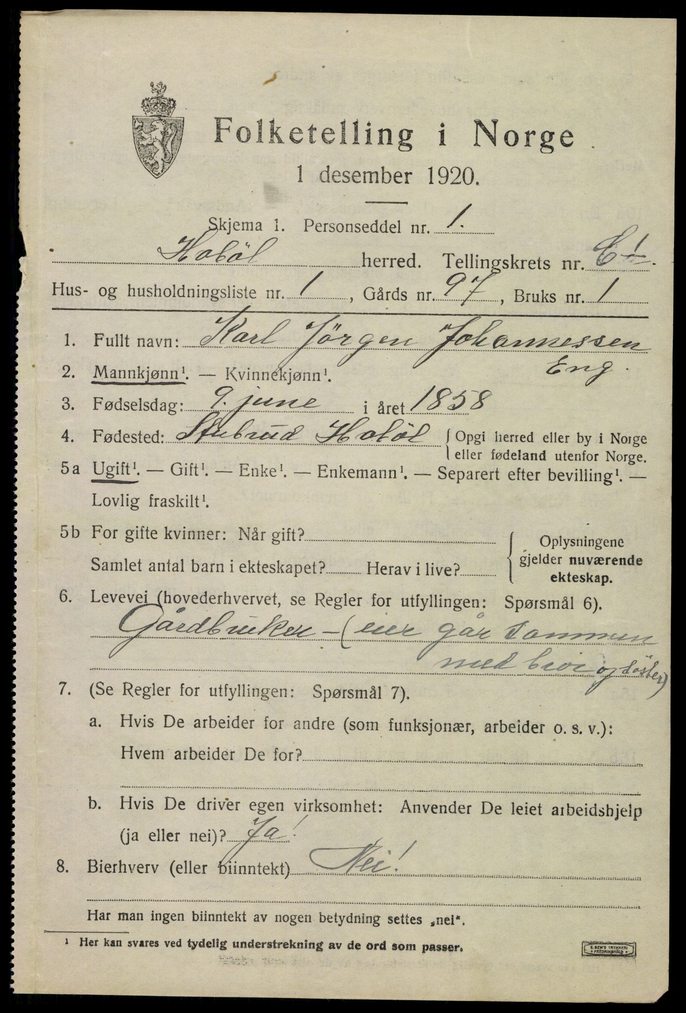 SAO, 1920 census for Hobøl, 1920, p. 1898