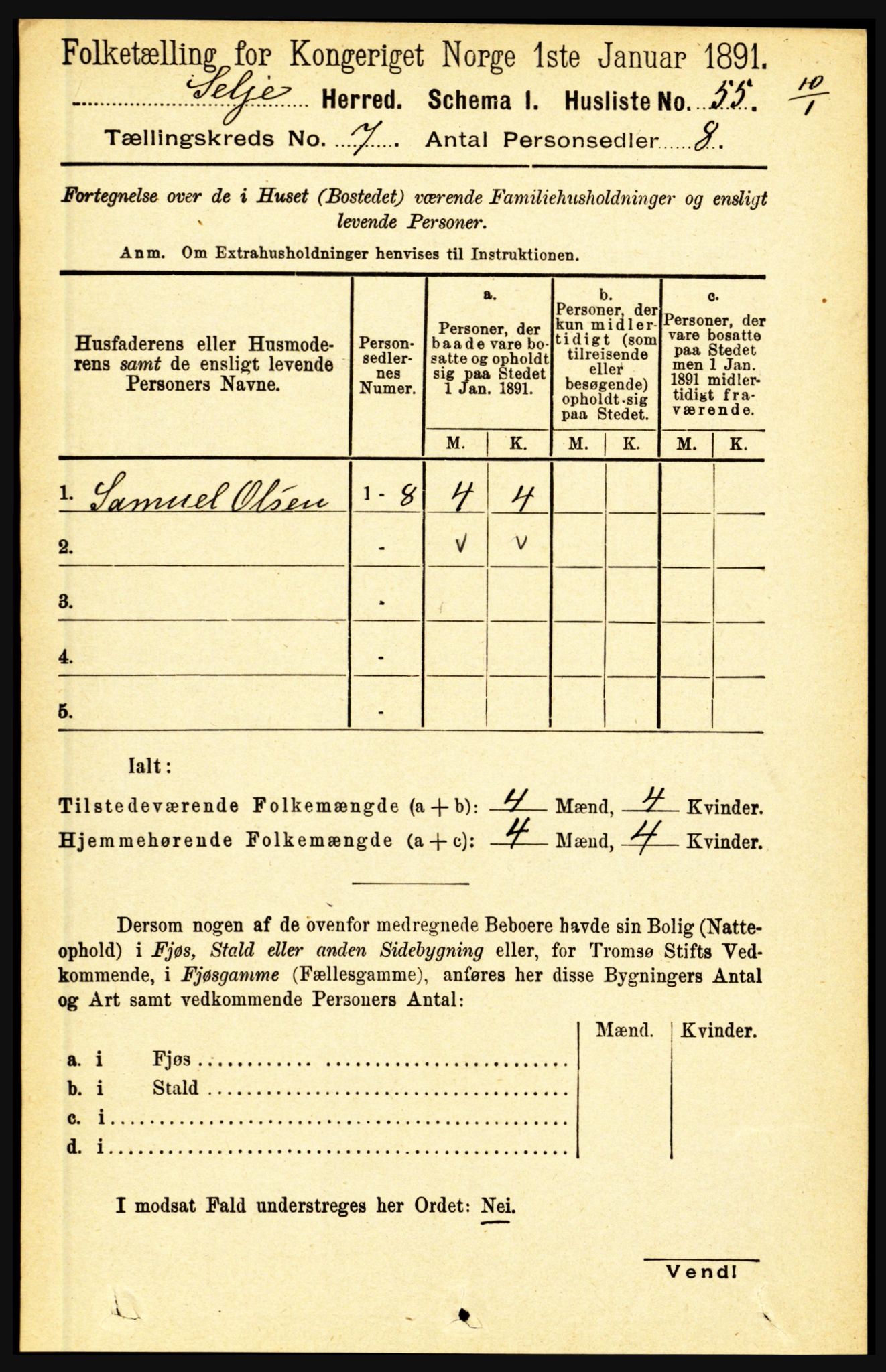 RA, 1891 census for 1441 Selje, 1891, p. 1999