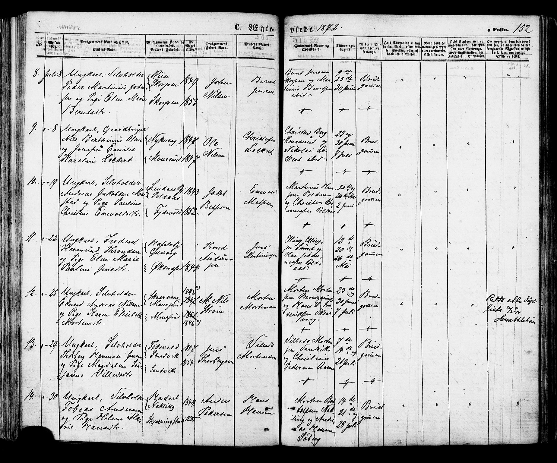 Ministerialprotokoller, klokkerbøker og fødselsregistre - Nordland, SAT/A-1459/891/L1301: Parish register (official) no. 891A06, 1870-1878, p. 152