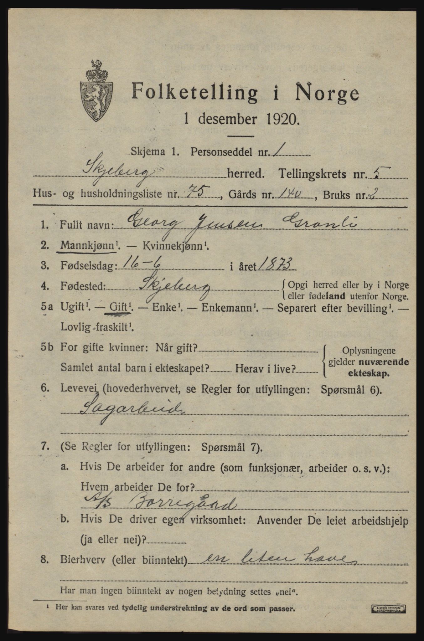 SAO, 1920 census for Skjeberg, 1920, p. 6573