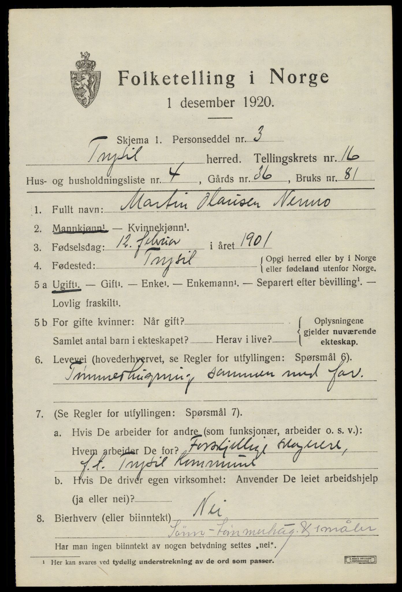 SAH, 1920 census for Trysil, 1920, p. 9471