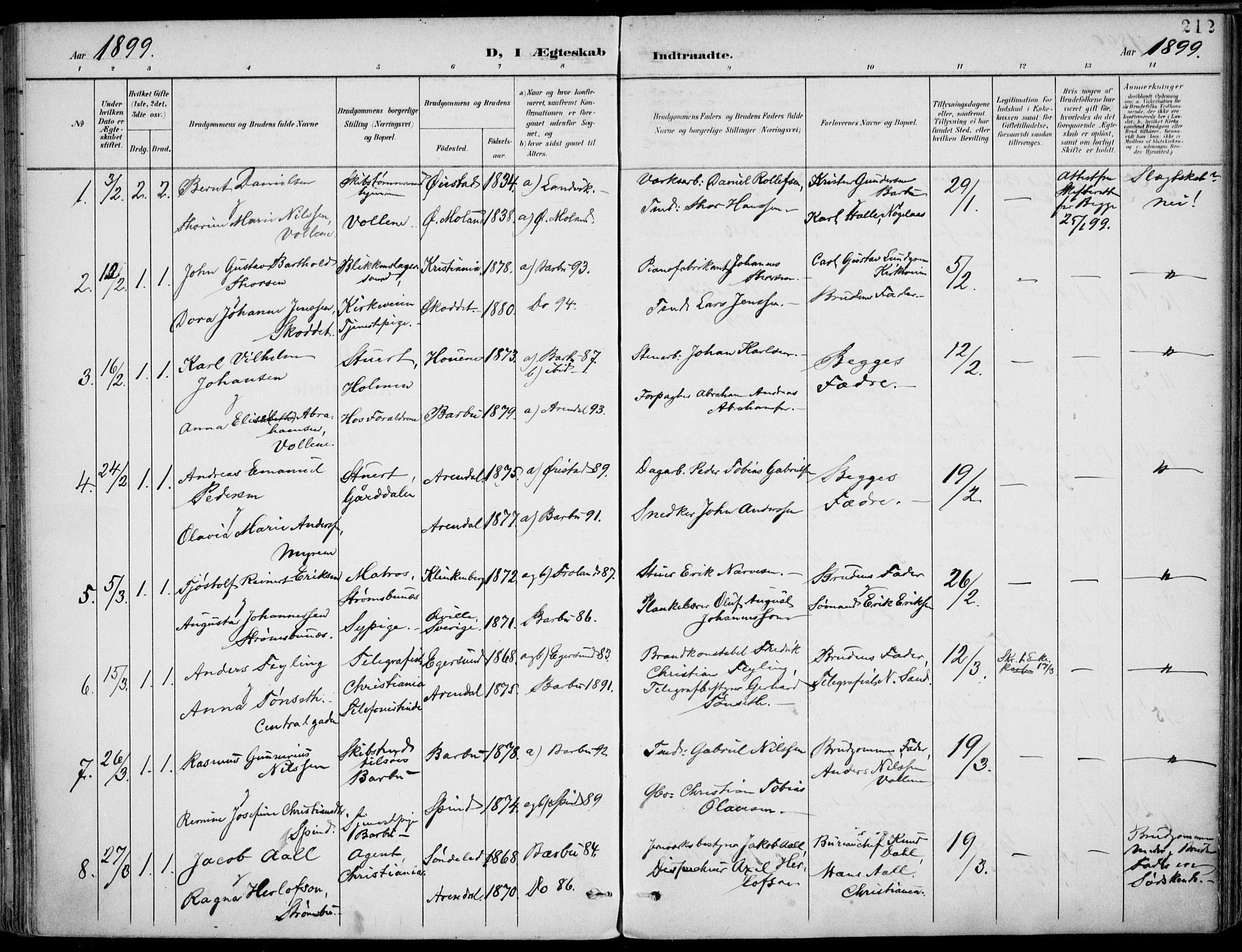 Barbu sokneprestkontor, SAK/1111-0003/F/Fa/L0005: Parish register (official) no. A 5, 1899-1909, p. 212