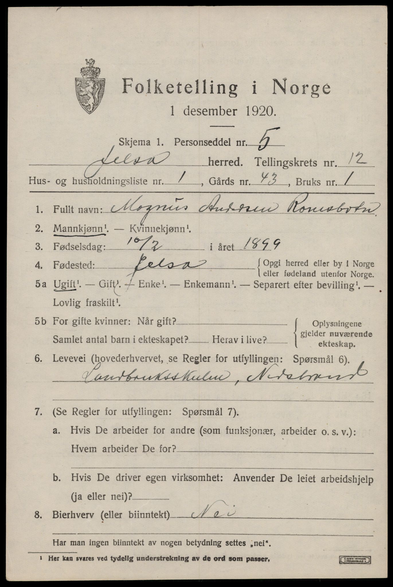 SAST, 1920 census for Jelsa, 1920, p. 3316