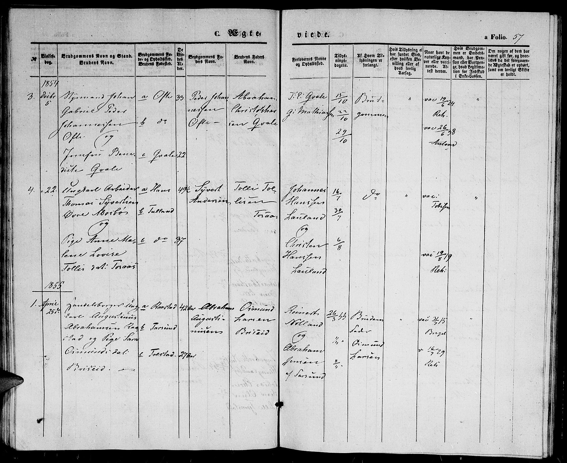 Herad sokneprestkontor, AV/SAK-1111-0018/F/Fb/Fba/L0002: Parish register (copy) no. B 2, 1852-1862, p. 57