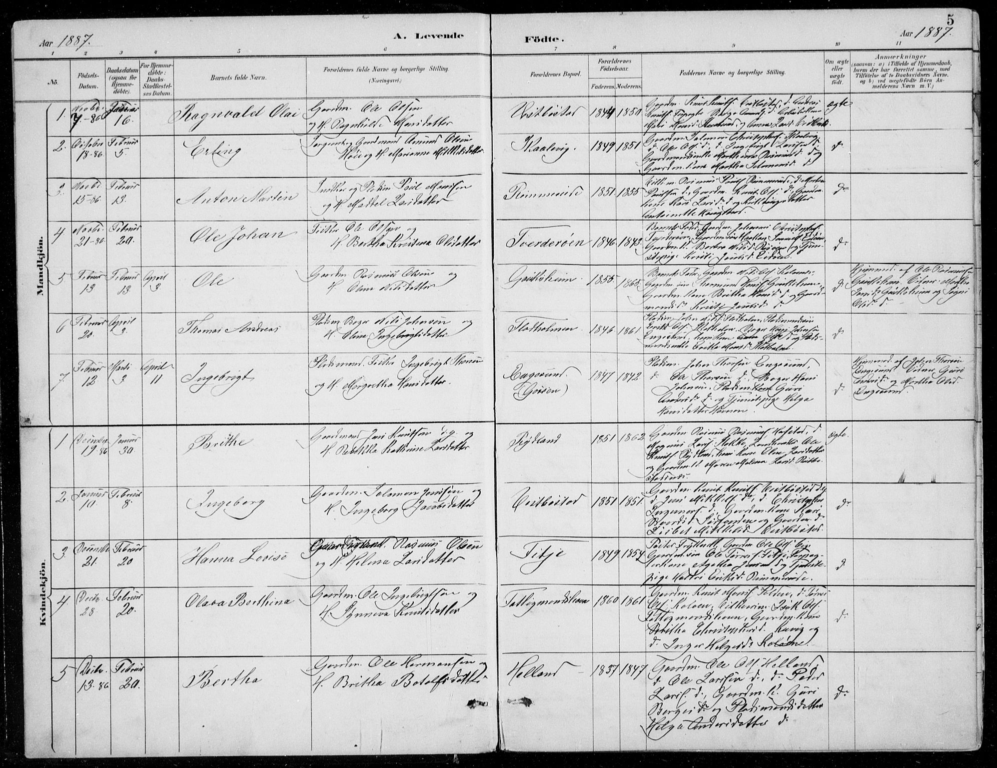 Fitjar sokneprestembete, AV/SAB-A-99926: Parish register (copy) no. A 2, 1887-1906, p. 5