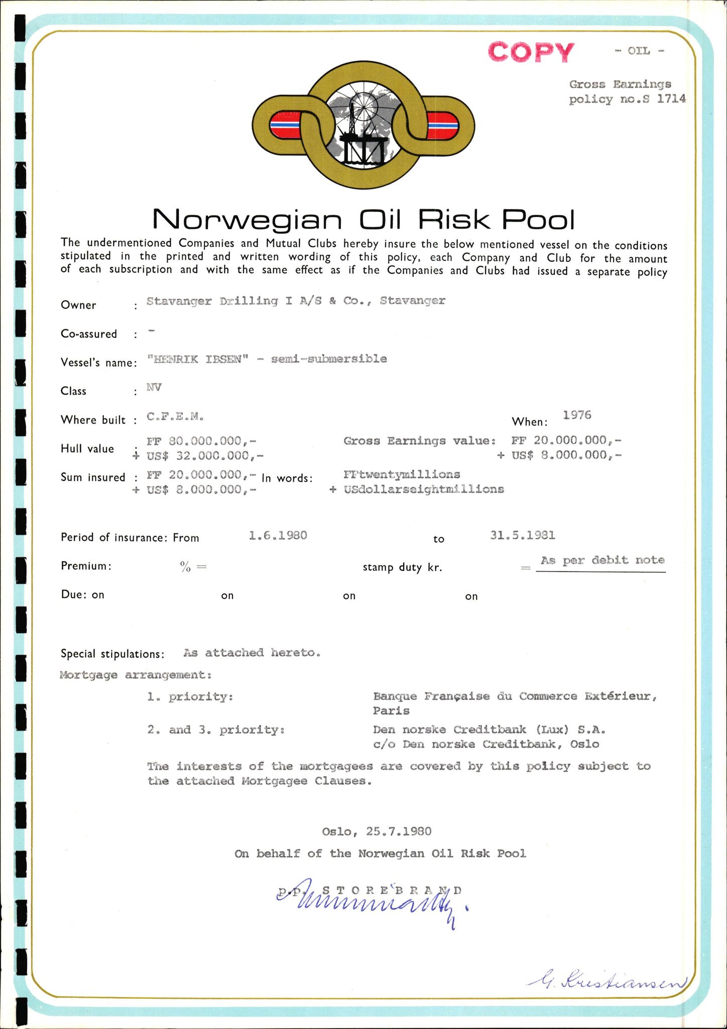 Pa 1503 - Stavanger Drilling AS, AV/SAST-A-101906/2/E/Ec/Eca/L0010: Forsikring, 1976-1983