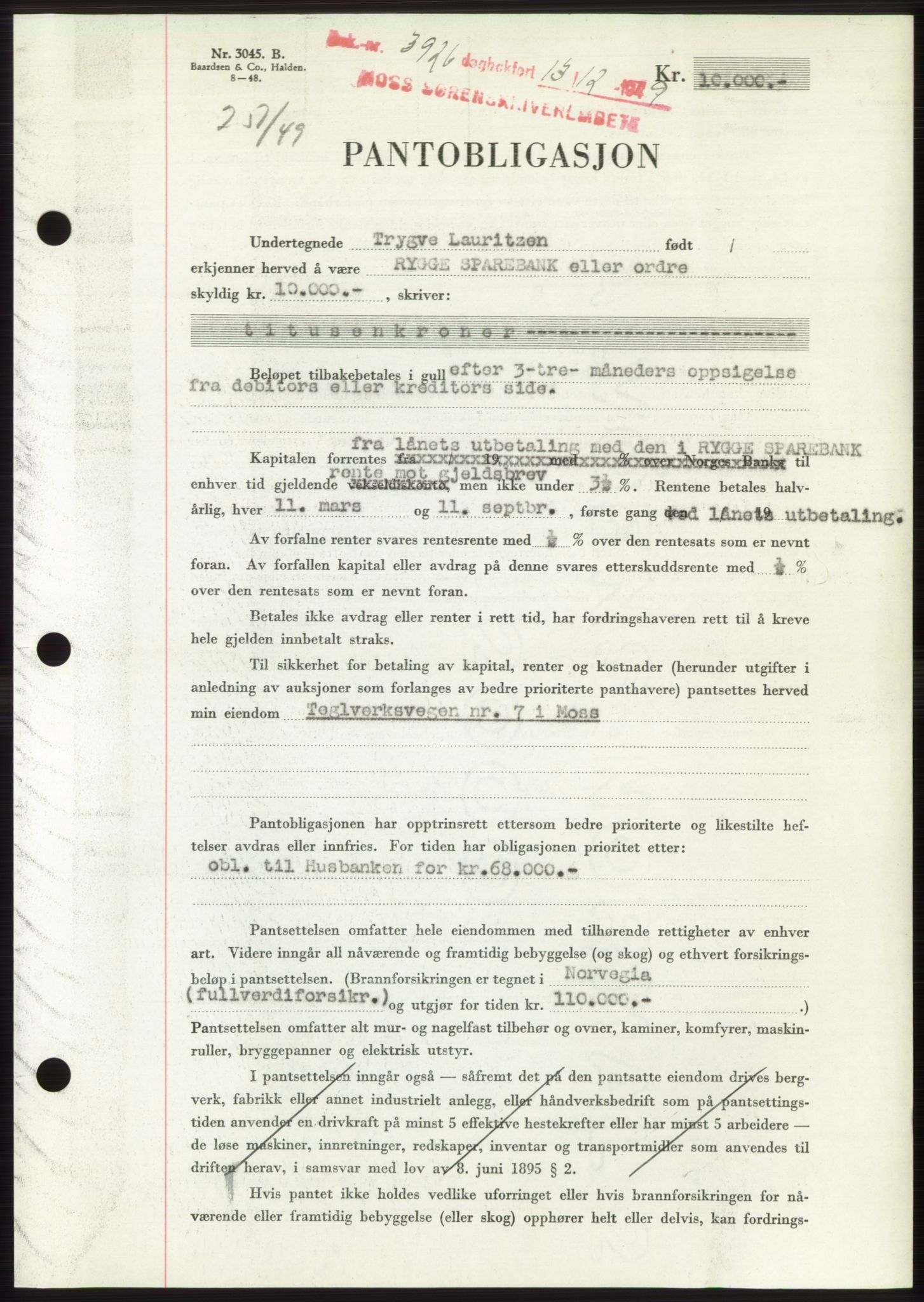 Moss sorenskriveri, SAO/A-10168: Mortgage book no. B23, 1949-1950, Diary no: : 3926/1949