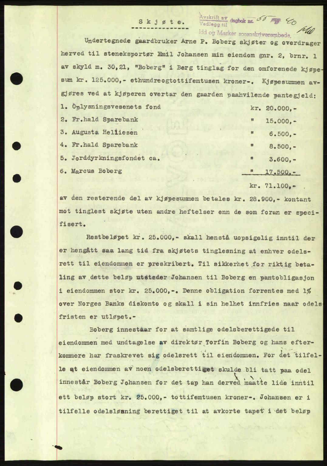 Idd og Marker sorenskriveri, AV/SAO-A-10283/G/Gb/Gbb/L0004: Mortgage book no. A4, 1940-1941, Diary no: : 55/1940