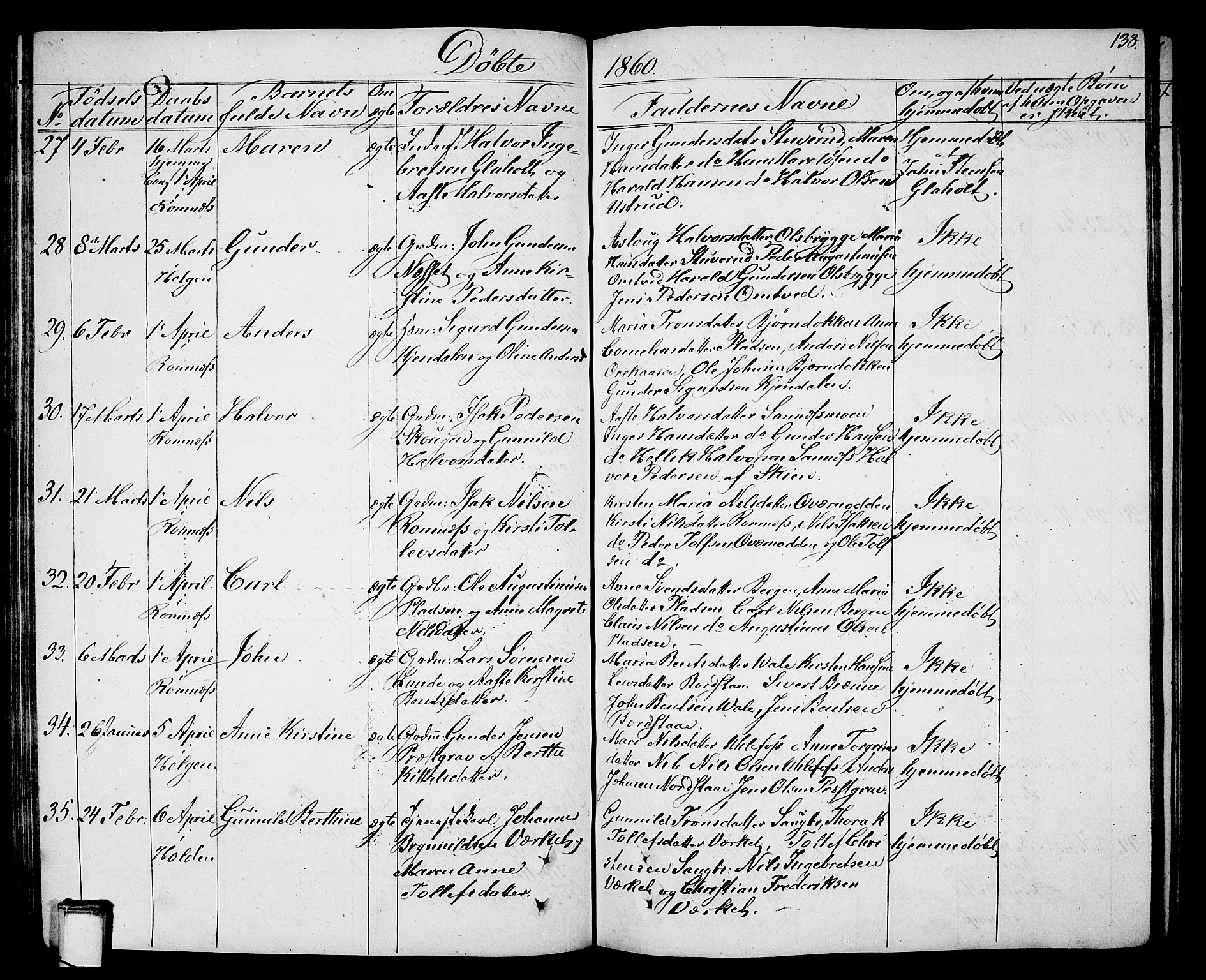 Holla kirkebøker, SAKO/A-272/G/Ga/L0003: Parish register (copy) no. I 3, 1849-1866, p. 138
