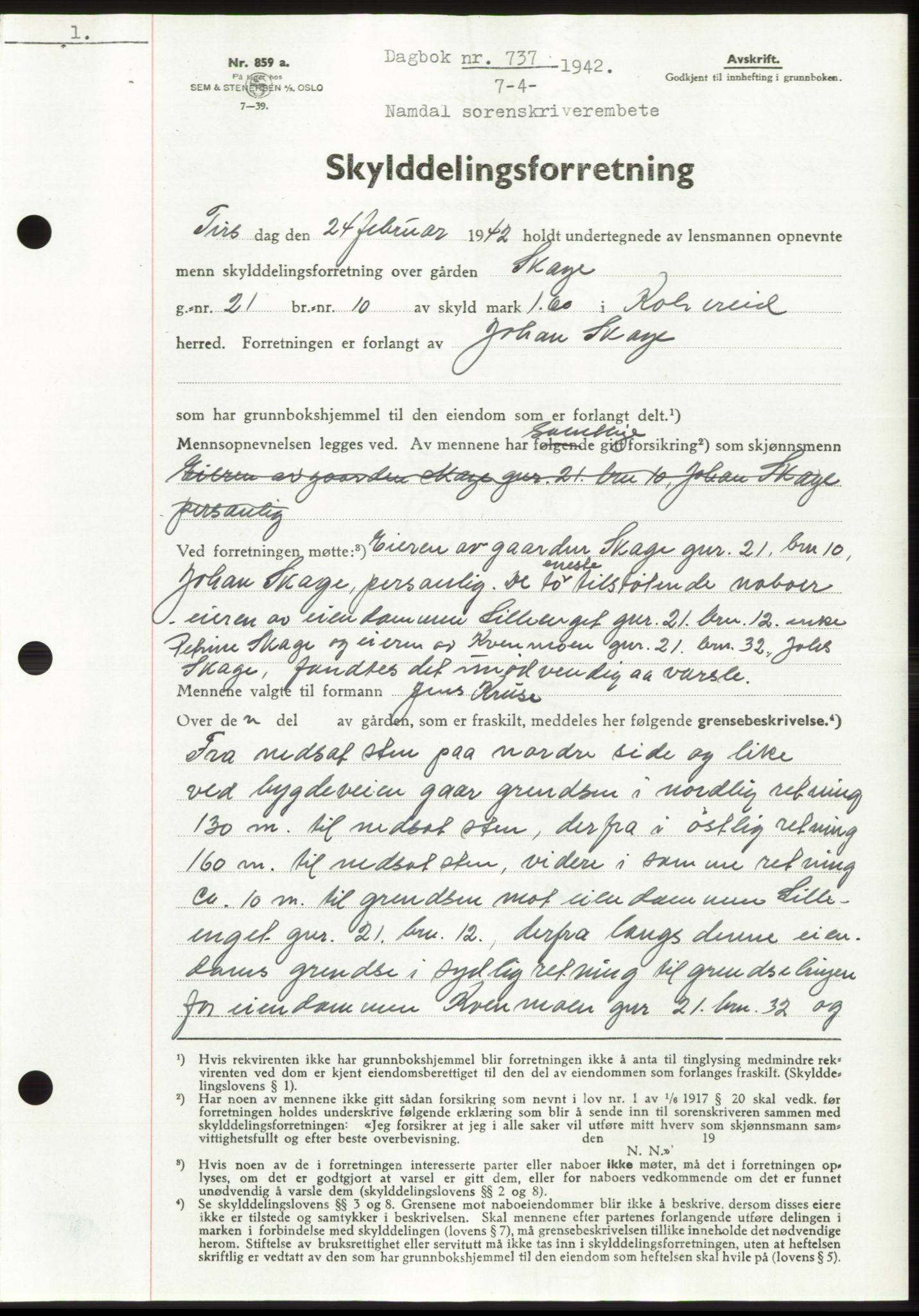 Namdal sorenskriveri, SAT/A-4133/1/2/2C: Mortgage book no. -, 1941-1942, Diary no: : 737/1942