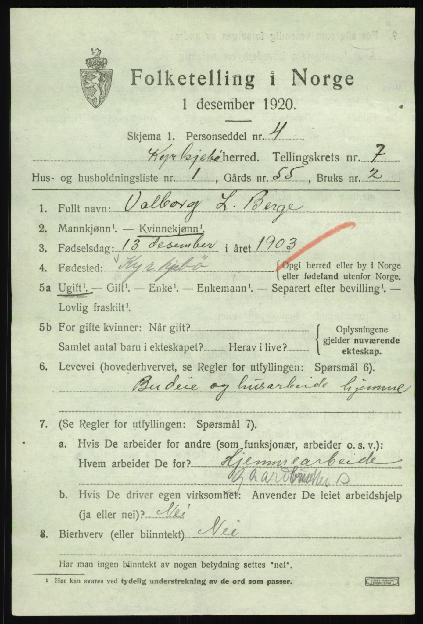 SAB, 1920 census for Kyrkjebø, 1920, p. 3469