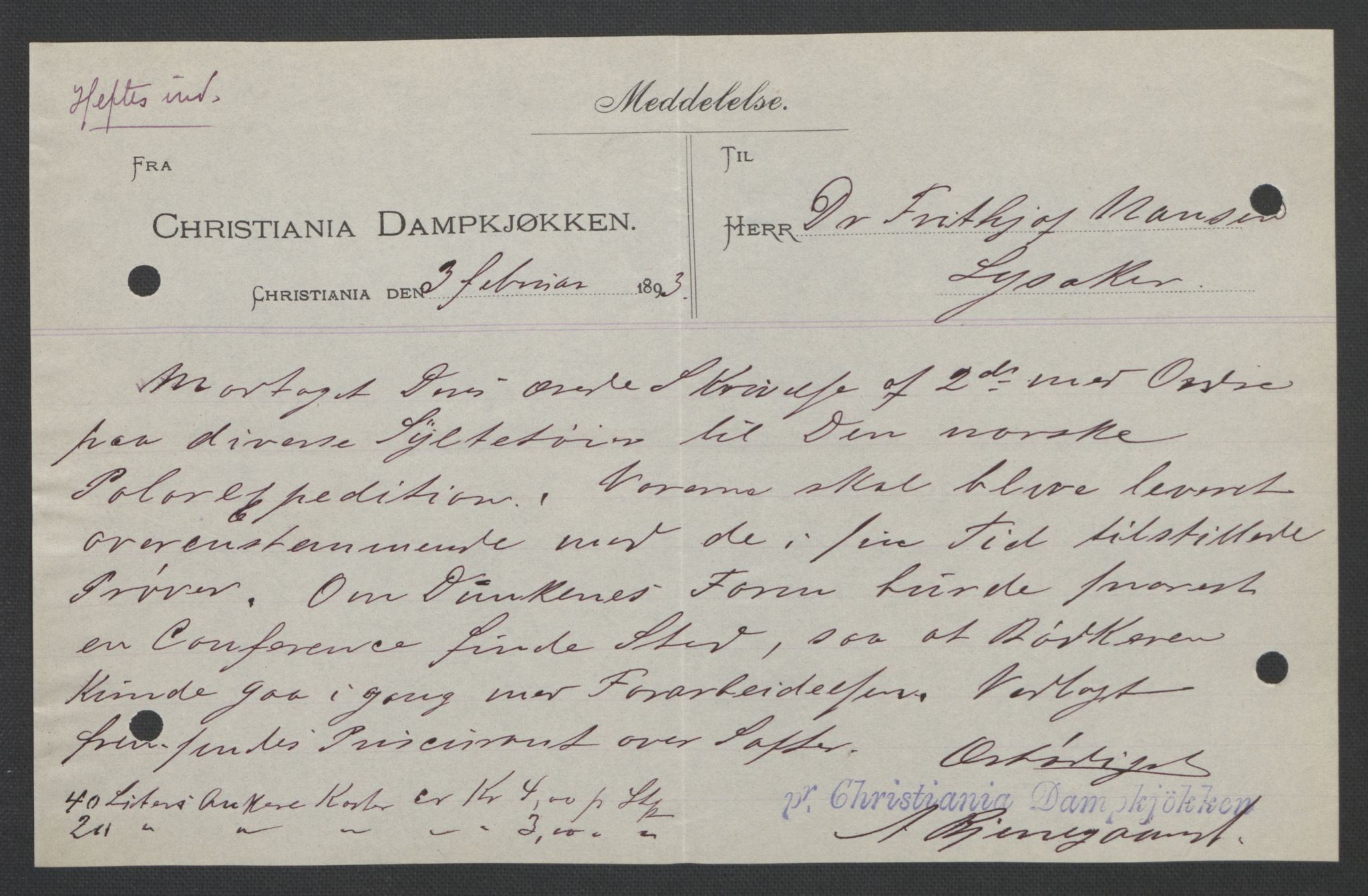 Arbeidskomitéen for Fridtjof Nansens polarekspedisjon, AV/RA-PA-0061/D/L0004: Innk. brev og telegrammer vedr. proviant og utrustning, 1892-1893, p. 143