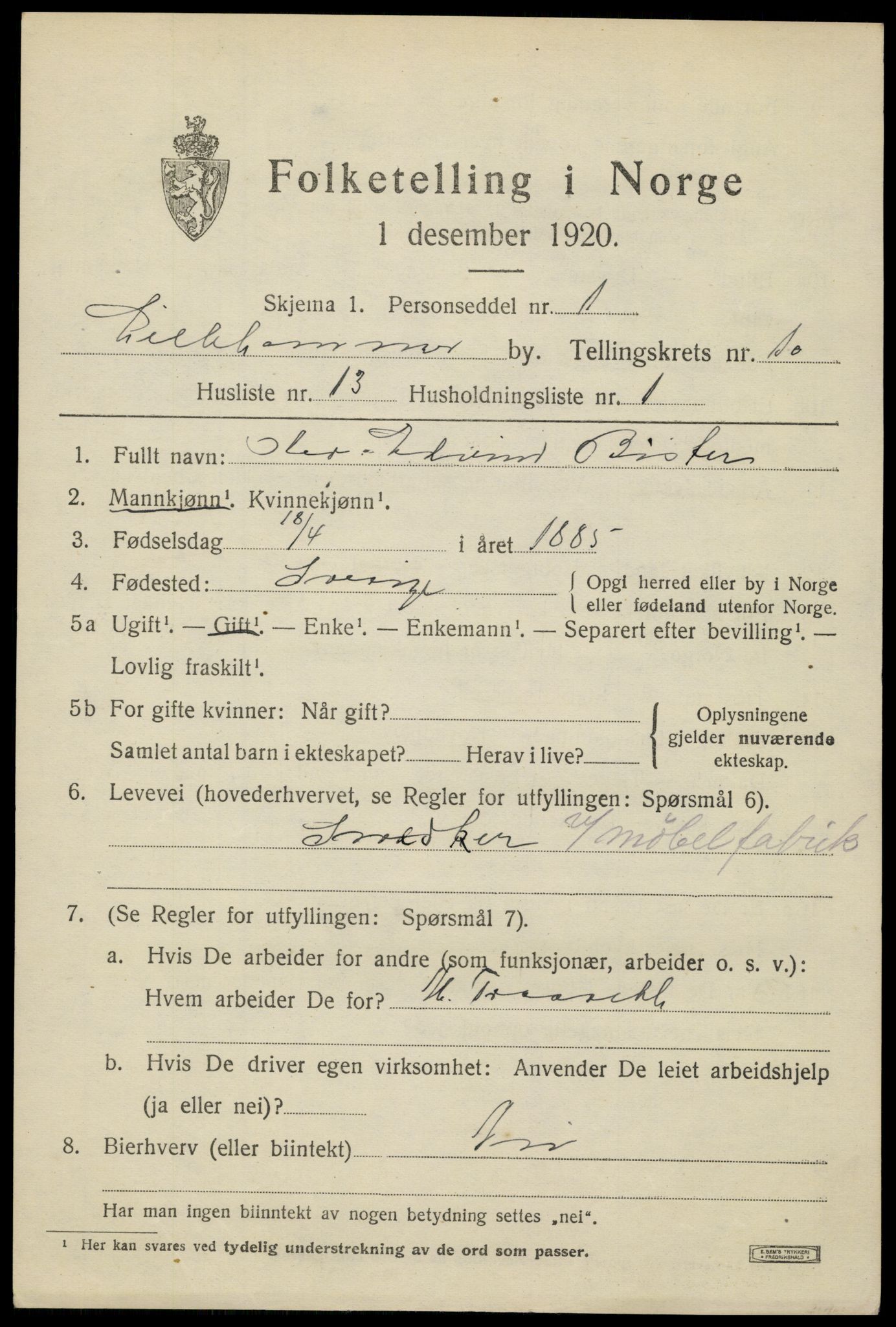 SAH, 1920 census for Lillehammer, 1920, p. 13986