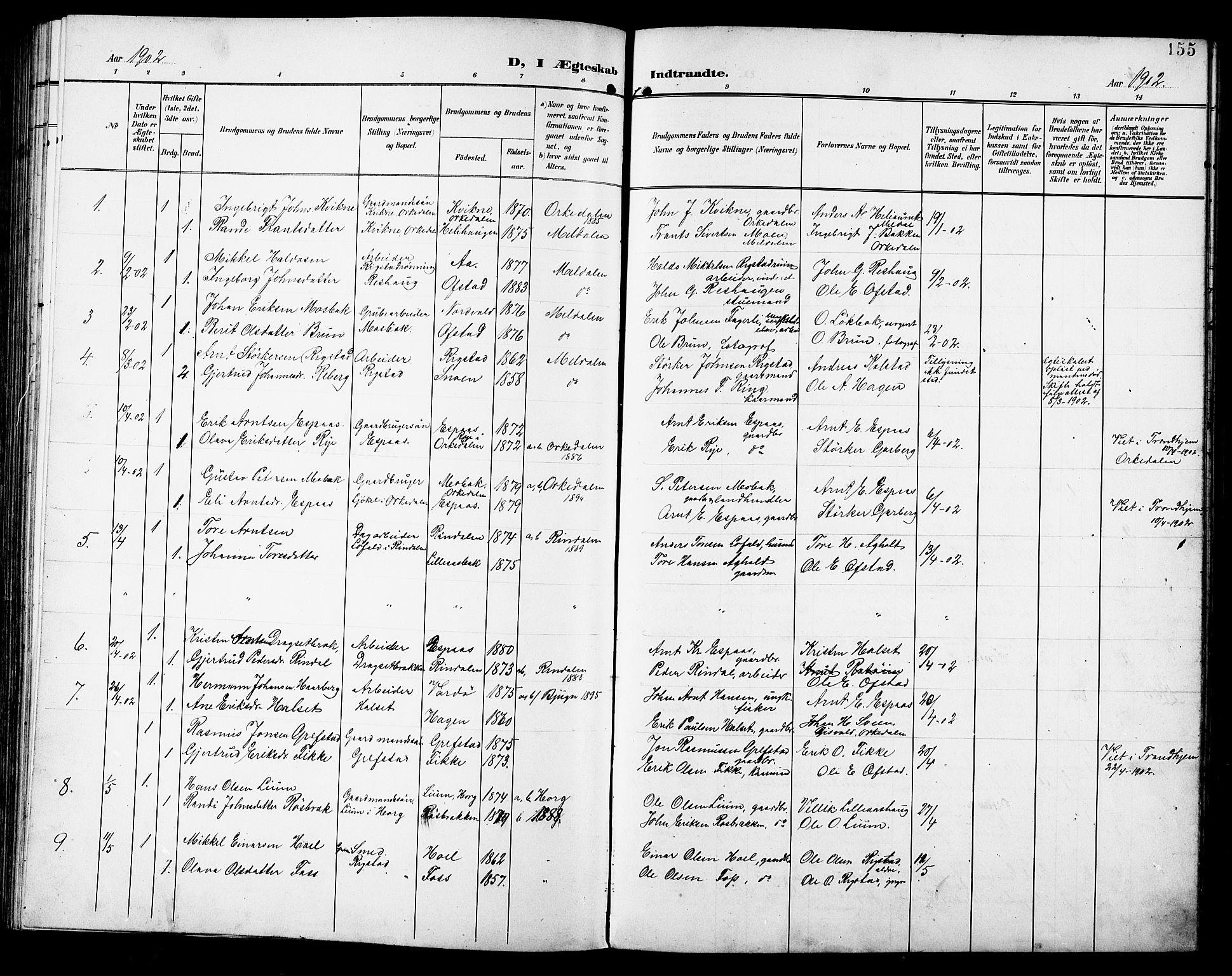 Ministerialprotokoller, klokkerbøker og fødselsregistre - Sør-Trøndelag, SAT/A-1456/672/L0864: Parish register (copy) no. 672C03, 1902-1914, p. 155