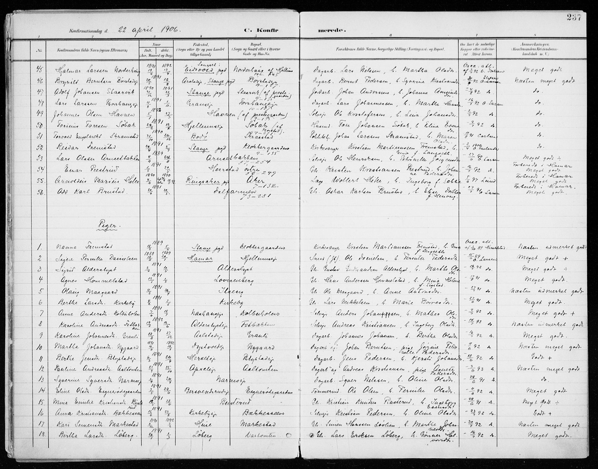 Vang prestekontor, Hedmark, AV/SAH-PREST-008/H/Ha/Haa/L0021: Parish register (official) no. 21, 1902-1917, p. 237