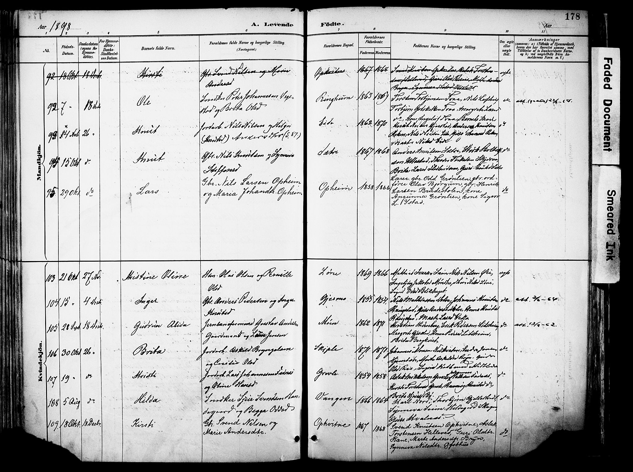 Voss sokneprestembete, SAB/A-79001/H/Haa: Parish register (official) no. A 21, 1887-1903, p. 178