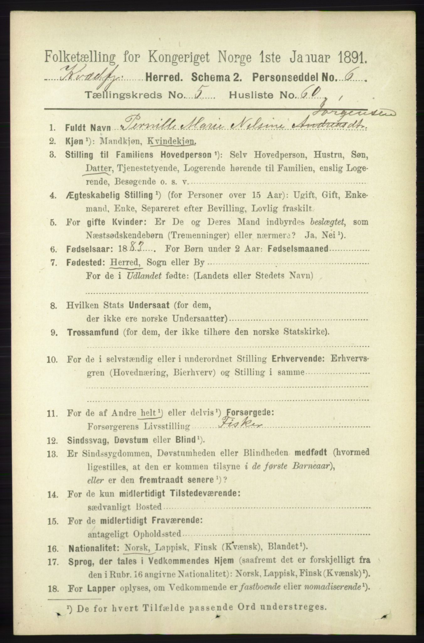 RA, 1891 census for 1911 Kvæfjord, 1891, p. 3198