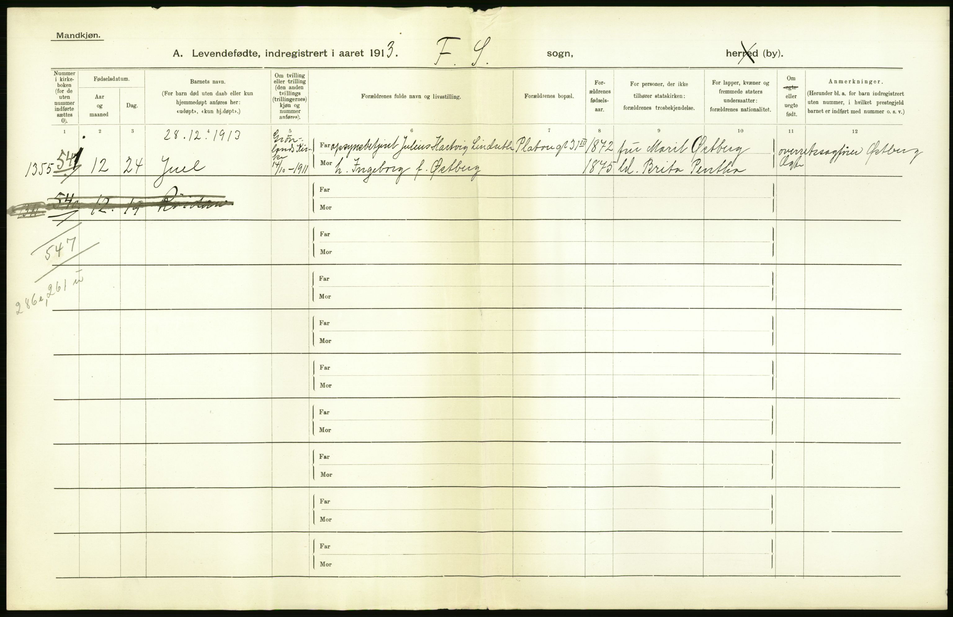 Statistisk sentralbyrå, Sosiodemografiske emner, Befolkning, AV/RA-S-2228/D/Df/Dfb/Dfbc/L0007: Kristiania: Levendefødte menn og kvinner., 1913, p. 4