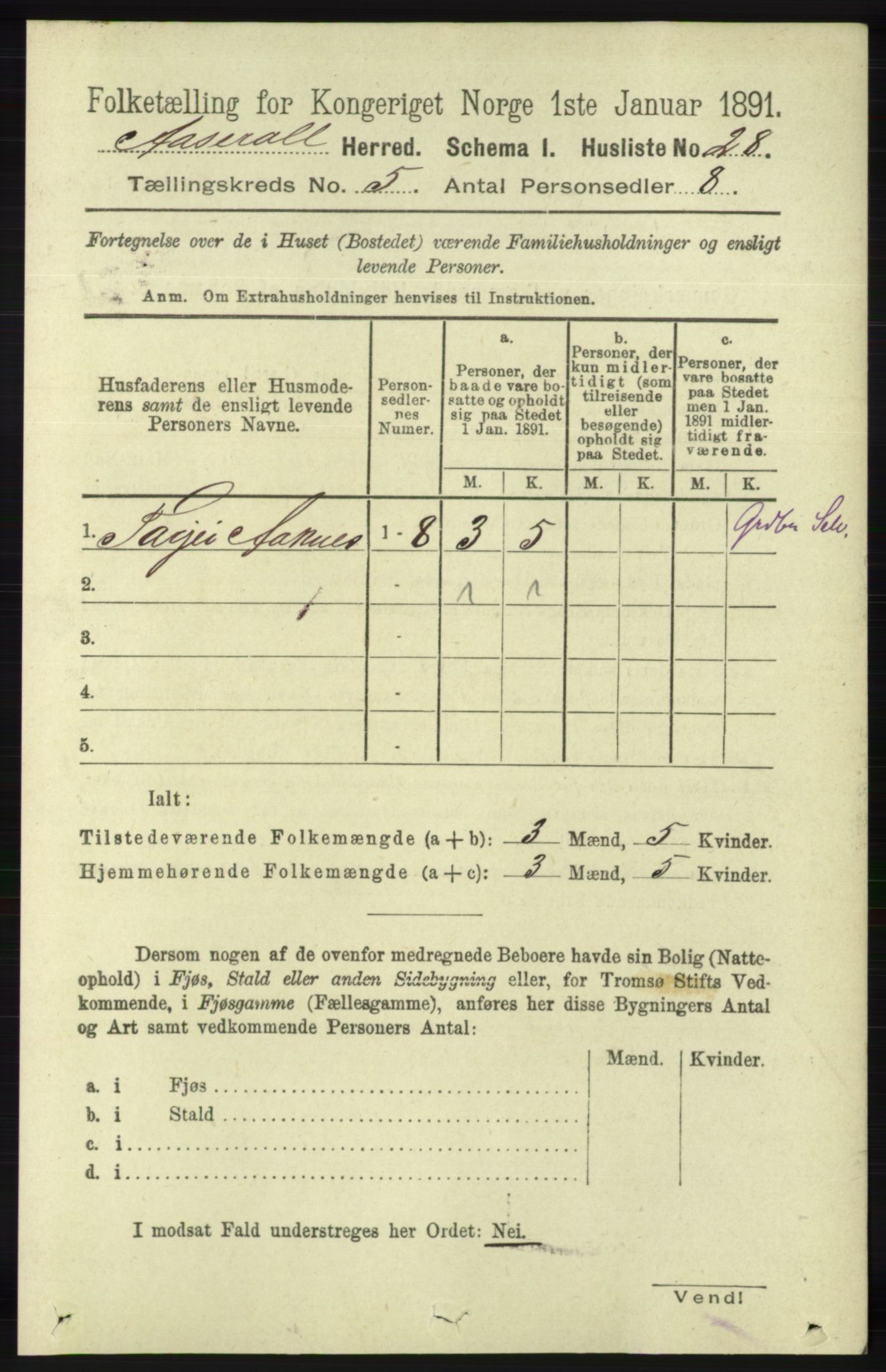 RA, 1891 census for 1026 Åseral, 1891, p. 1443