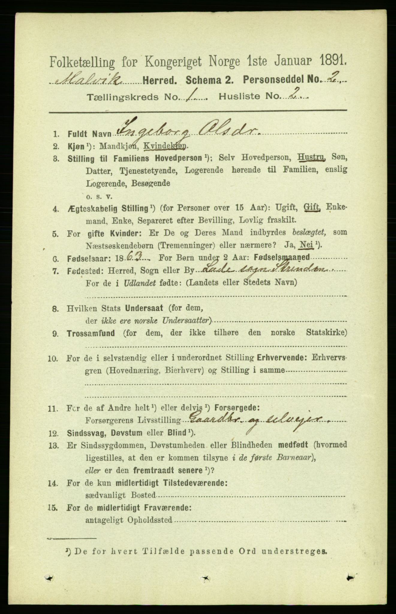 RA, 1891 census for 1663 Malvik, 1891, p. 111