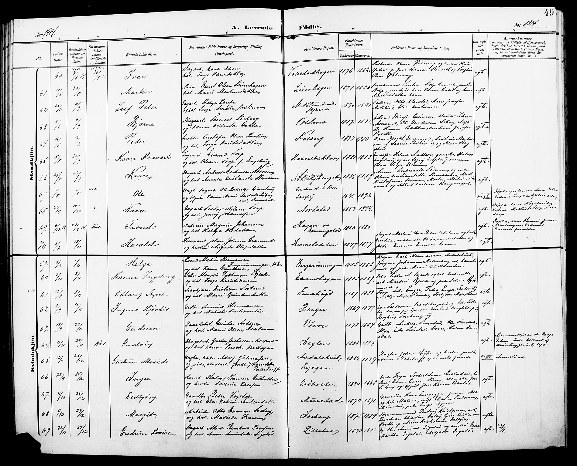 Løten prestekontor, AV/SAH-PREST-022/L/La/L0007: Parish register (copy) no. 7, 1910-1919, p. 49