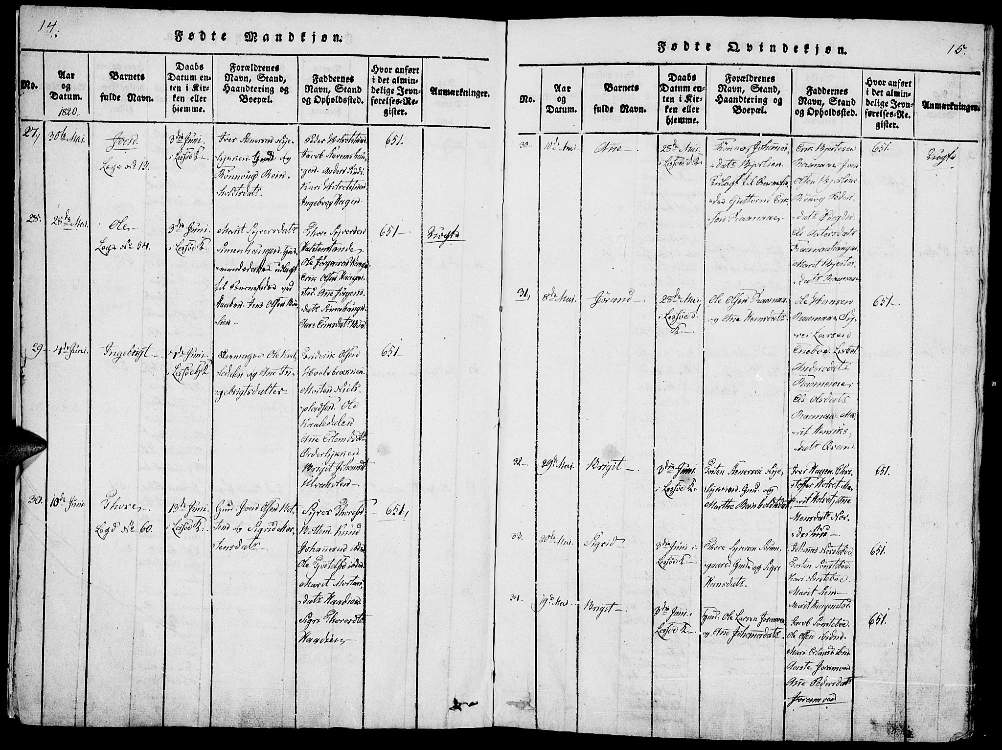 Lesja prestekontor, AV/SAH-PREST-068/H/Ha/Haa/L0004: Parish register (official) no. 4, 1820-1829, p. 14-15