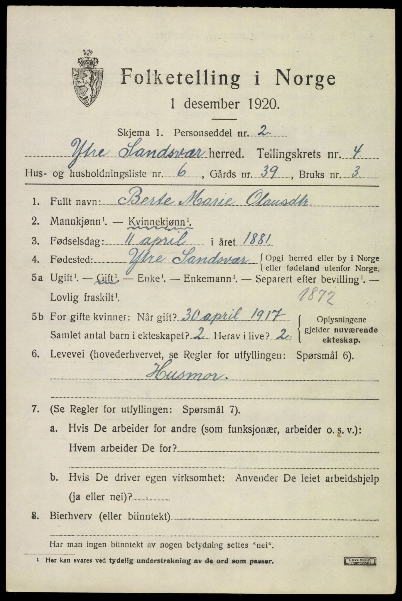 SAKO, 1920 census for Ytre Sandsvær, 1920, p. 4444