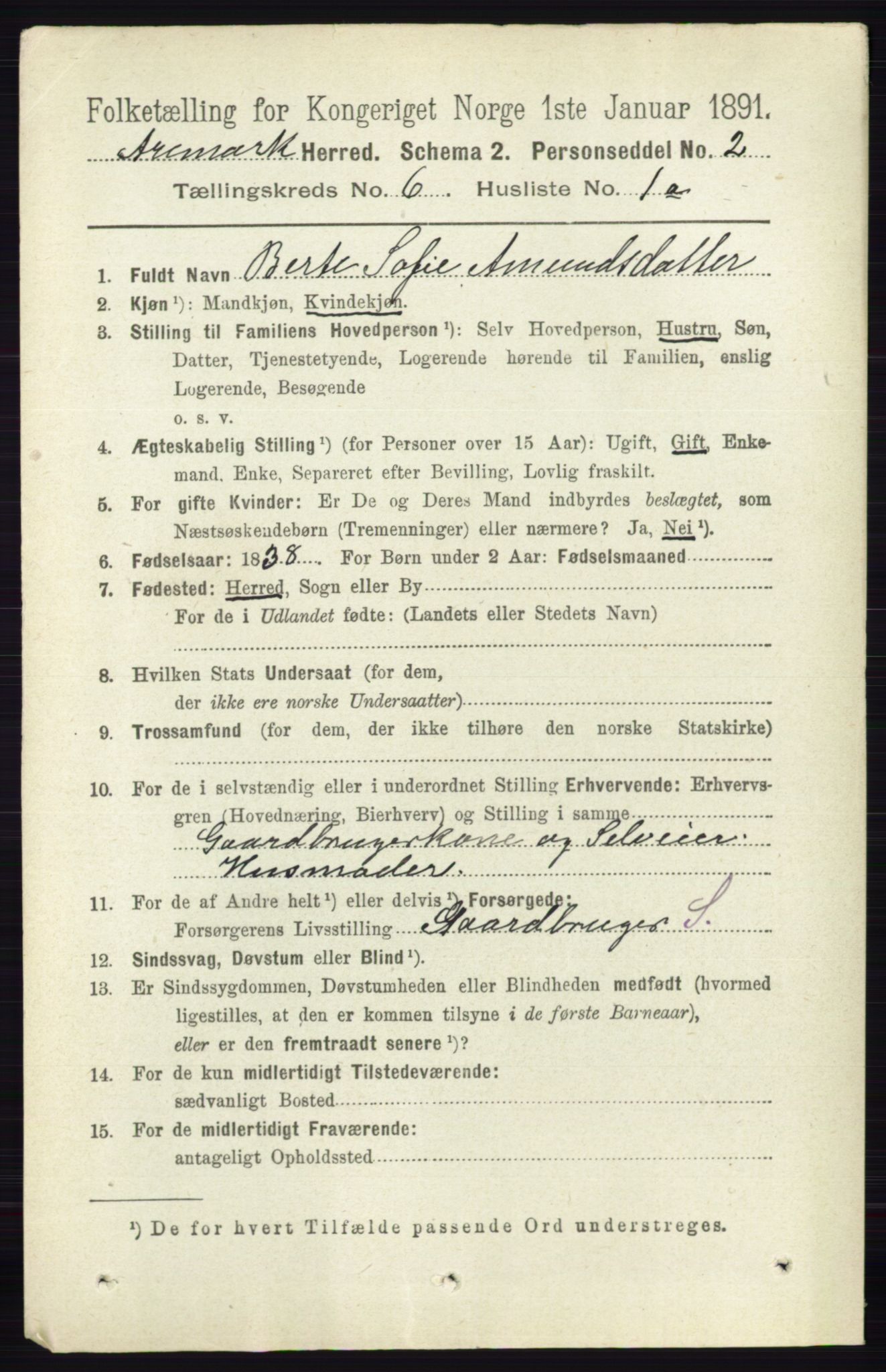 RA, 1891 census for 0118 Aremark, 1891, p. 3110