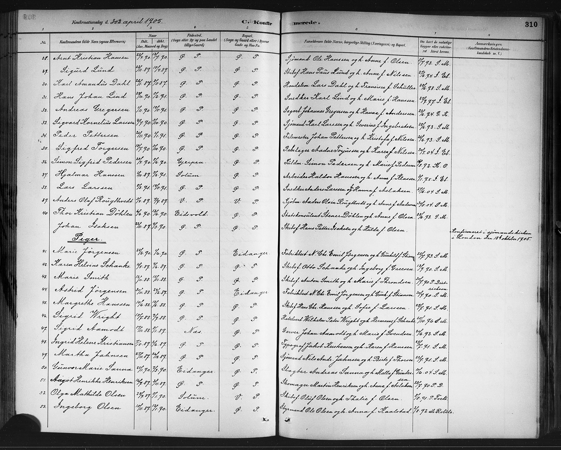 Porsgrunn kirkebøker , SAKO/A-104/G/Gb/L0005: Parish register (copy) no. II 5, 1883-1915, p. 310