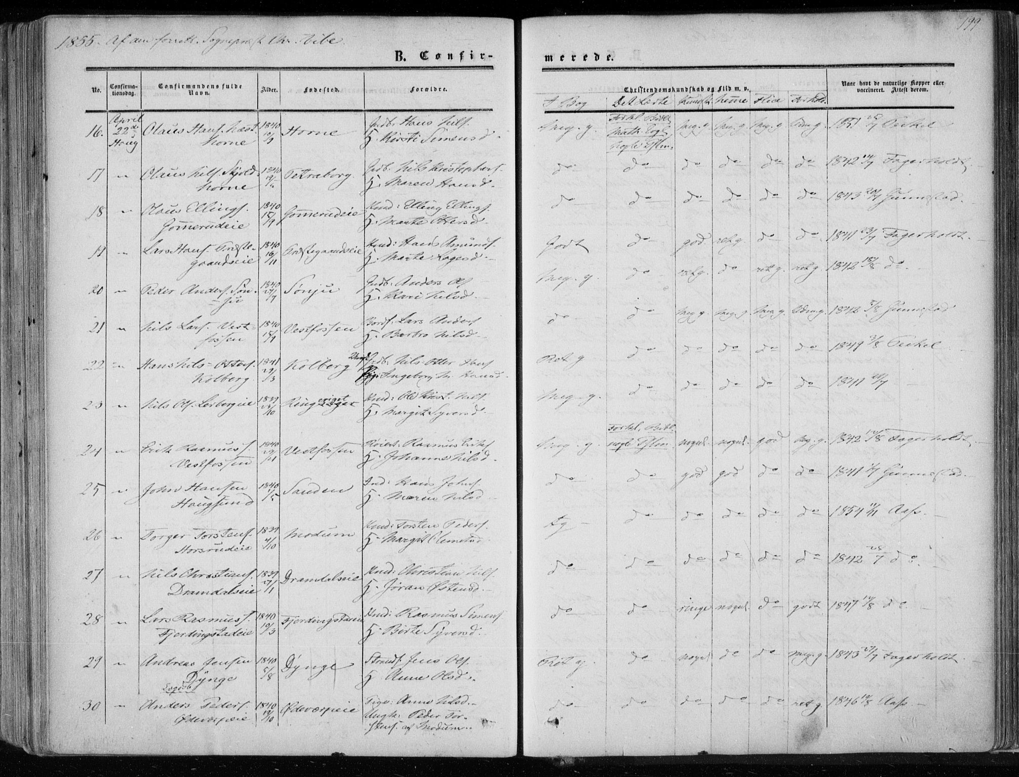 Eiker kirkebøker, SAKO/A-4/F/Fa/L0015a: Parish register (official) no. I 15A, 1854-1860, p. 199