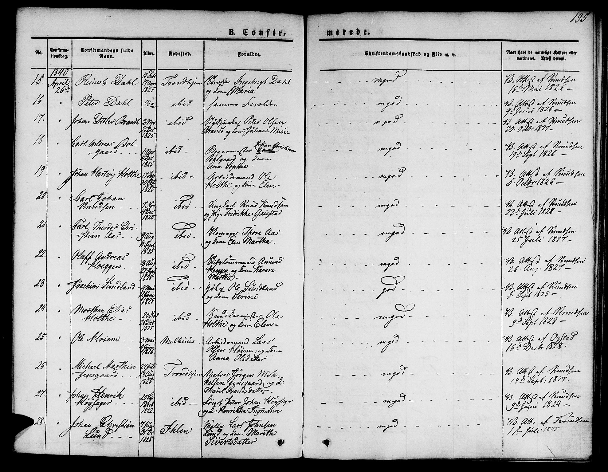 Ministerialprotokoller, klokkerbøker og fødselsregistre - Sør-Trøndelag, SAT/A-1456/601/L0048: Parish register (official) no. 601A16, 1840-1847, p. 195