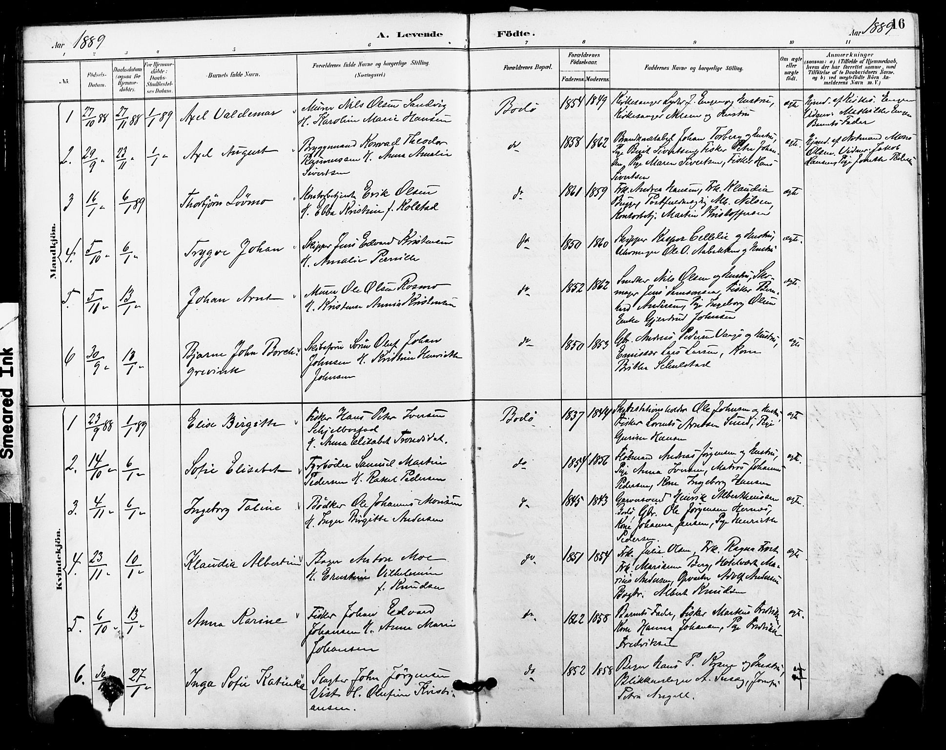 Ministerialprotokoller, klokkerbøker og fødselsregistre - Nordland, SAT/A-1459/801/L0010: Parish register (official) no. 801A10, 1888-1899, p. 16
