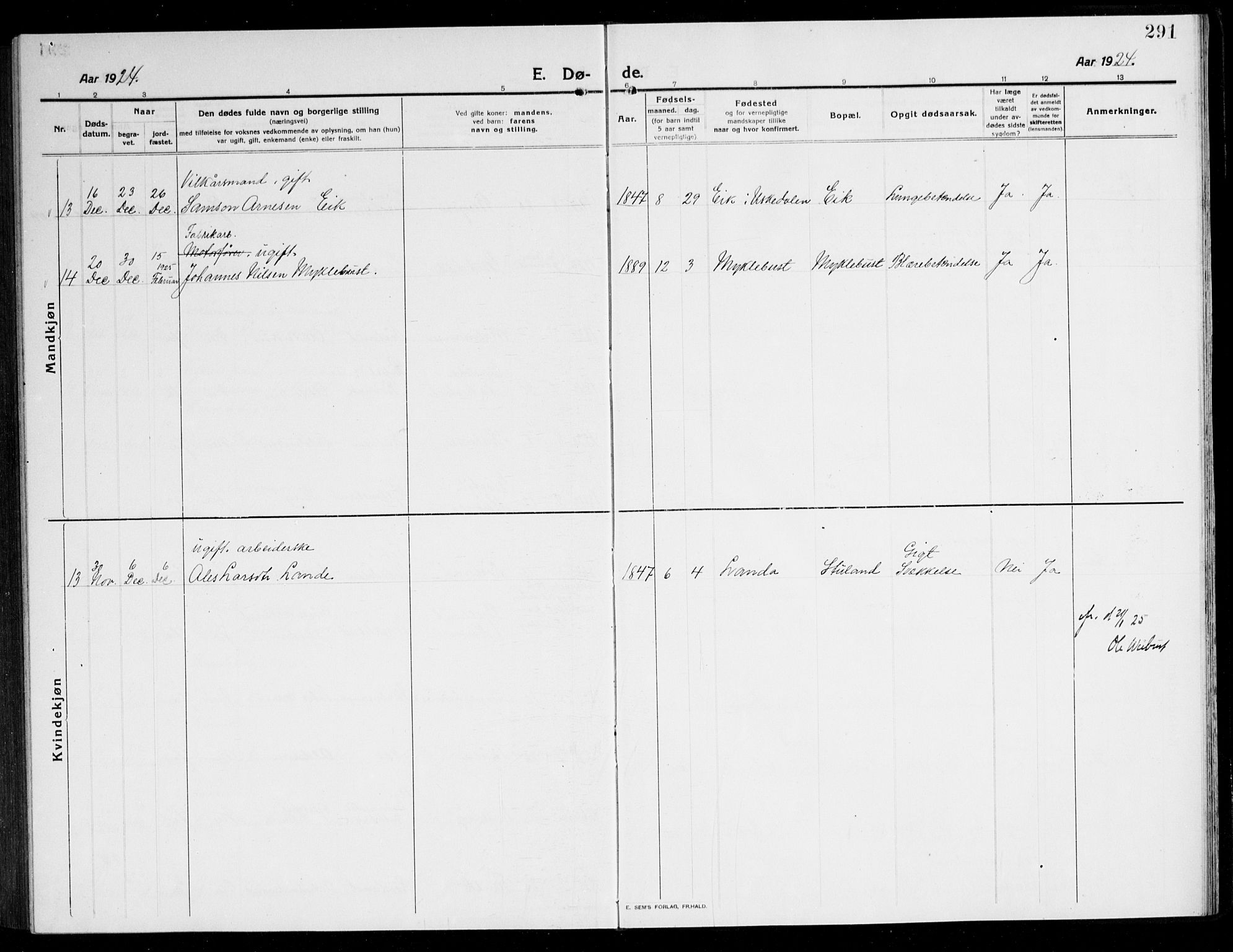 Kvinnherad sokneprestembete, SAB/A-76401/H/Hab: Parish register (copy) no. A 3, 1911-1945, p. 291