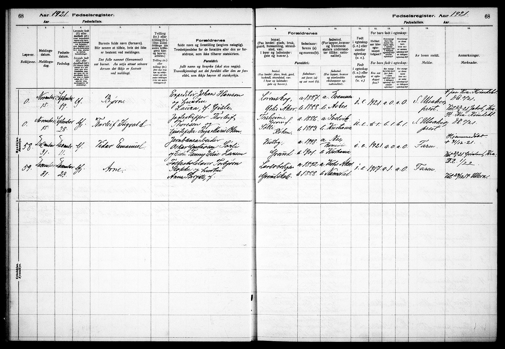 Østre Aker prestekontor Kirkebøker, SAO/A-10840/J/Jb/L0001: Birth register no. II 1, 1916-1932, p. 68