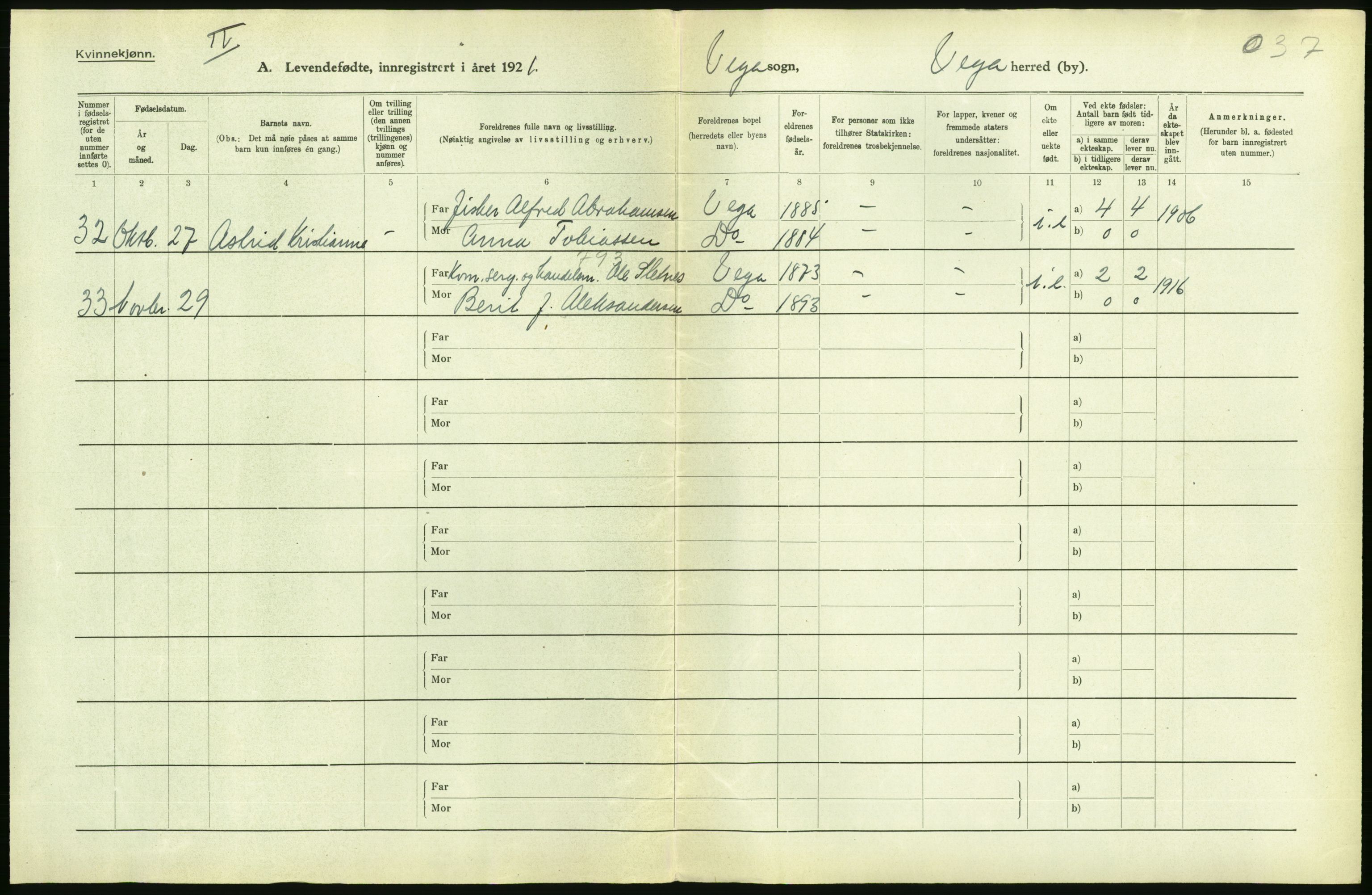 Statistisk sentralbyrå, Sosiodemografiske emner, Befolkning, AV/RA-S-2228/D/Df/Dfc/Dfca/L0049: Nordland fylke: Levendefødte menn og kvinner. Bygder., 1921, p. 26