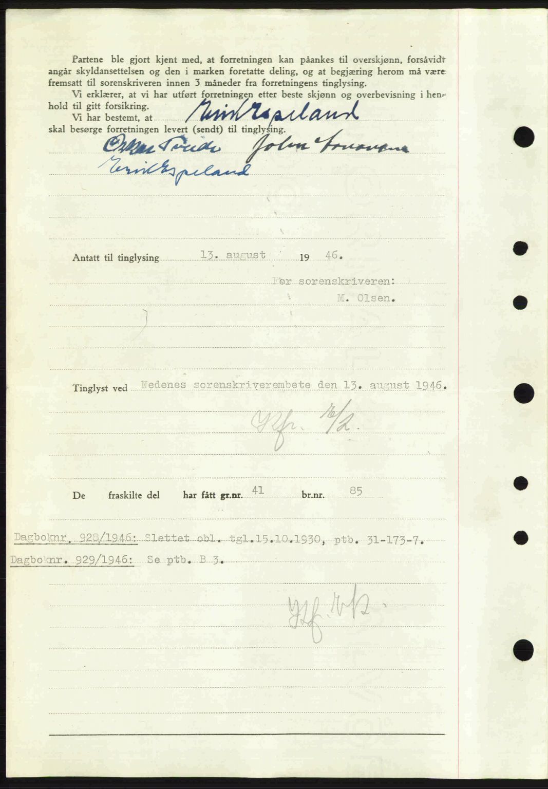 Nedenes sorenskriveri, AV/SAK-1221-0006/G/Gb/Gba/L0055: Mortgage book no. A7, 1946-1946, Diary no: : 927/1946