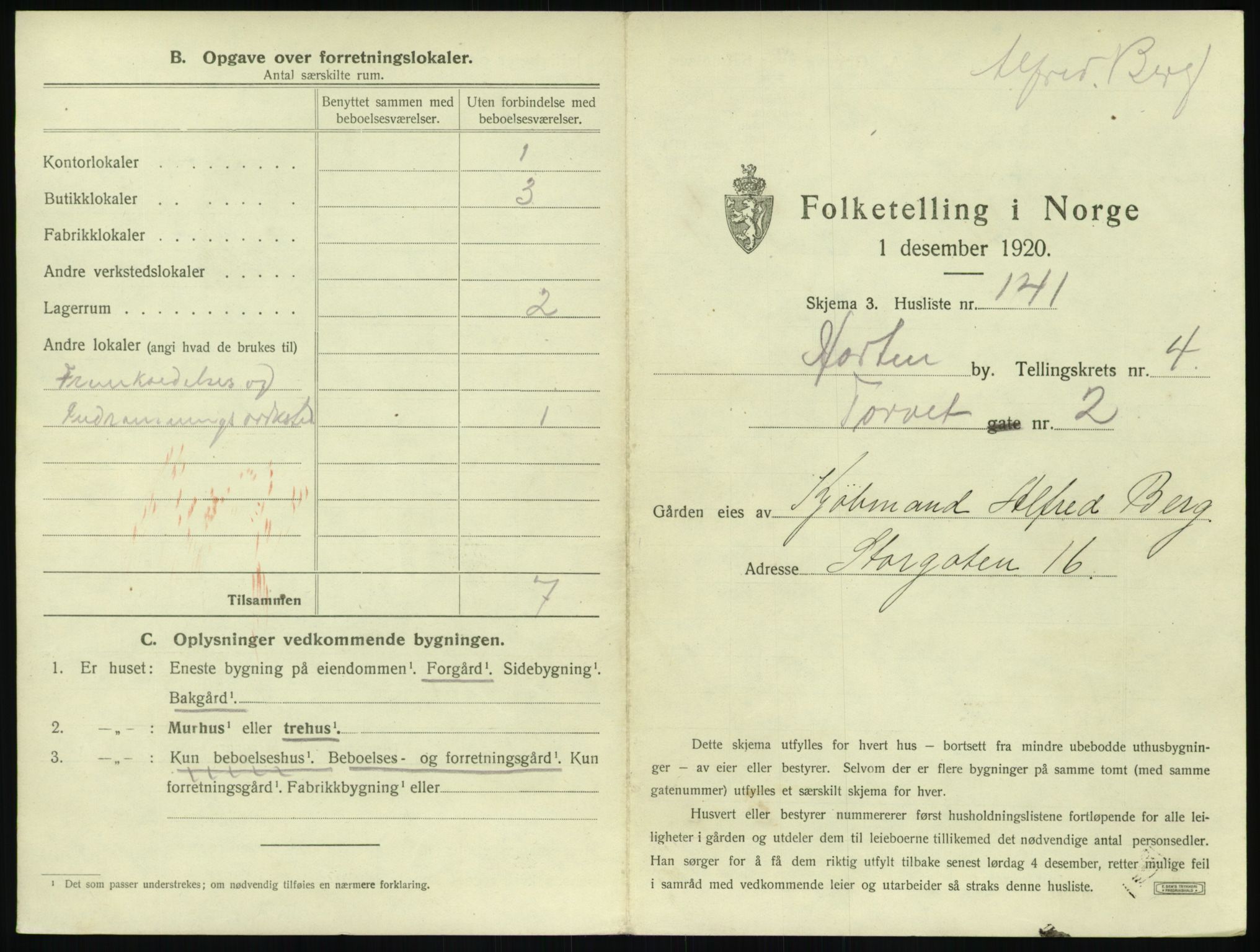 SAKO, 1920 census for Horten, 1920, p. 1501